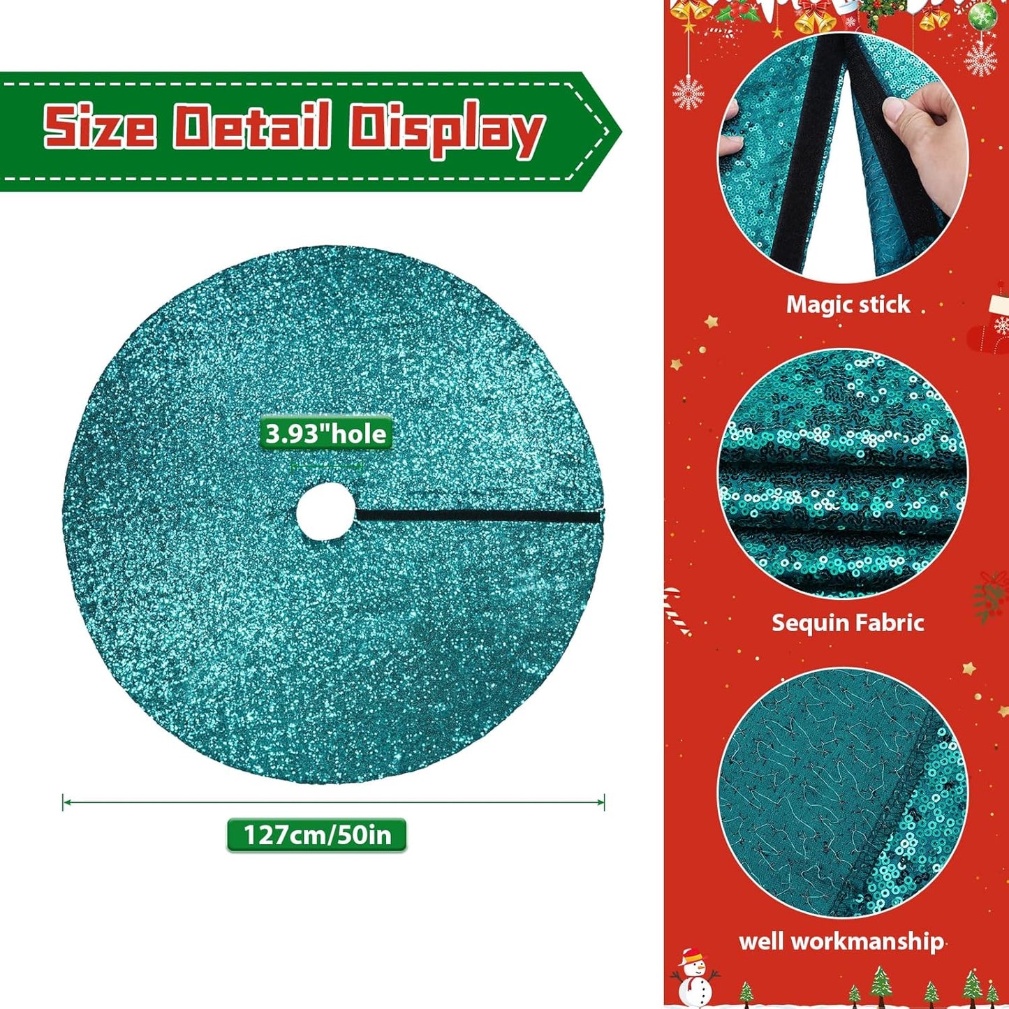 Eternal Beauty Christmas Tree Skirt, 50 Inch Teal Sequin Tree Skirt Small Xmas Tree Skirt for Christmas Tree Decorations