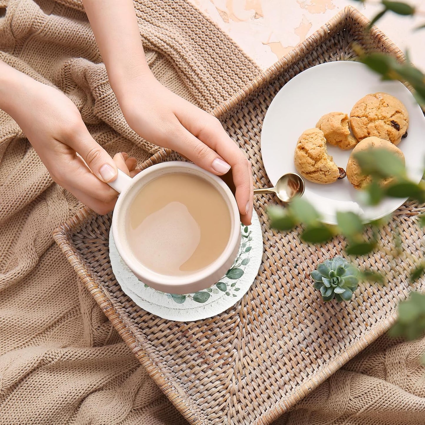 Whaline Eucalyptus Floral Cotton Coasters Flower Leaves Handmade Braided Drink Coasters Green Absorbent Cup Coaster for Spring Wedding Baby Shower Party Home Office Table Decoration, Set of 4