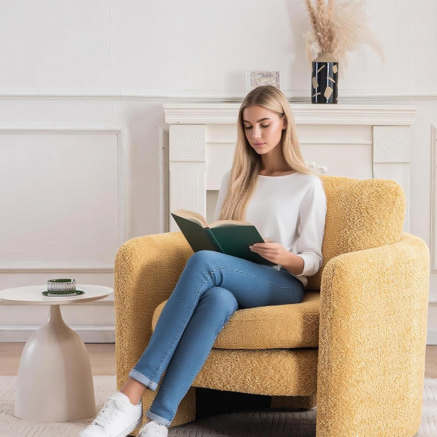 Chenille Accent Armchair Oversize Upholstered Barrel Comfy Modern Round Lounge Sofa Chair with Pillow Cozy Reading Chairs for Apartment,Office,Living Room,Dining,Makeup,Club,Yellow 2SET