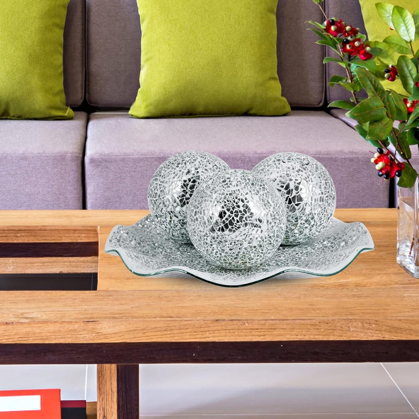 MDLUU Mosaic Centerpiece Tray, 11.6" Decorative Glass Plate, Home Decor Glass Bowl for Dining Room Table, Coffee Table, Gift (Silver)