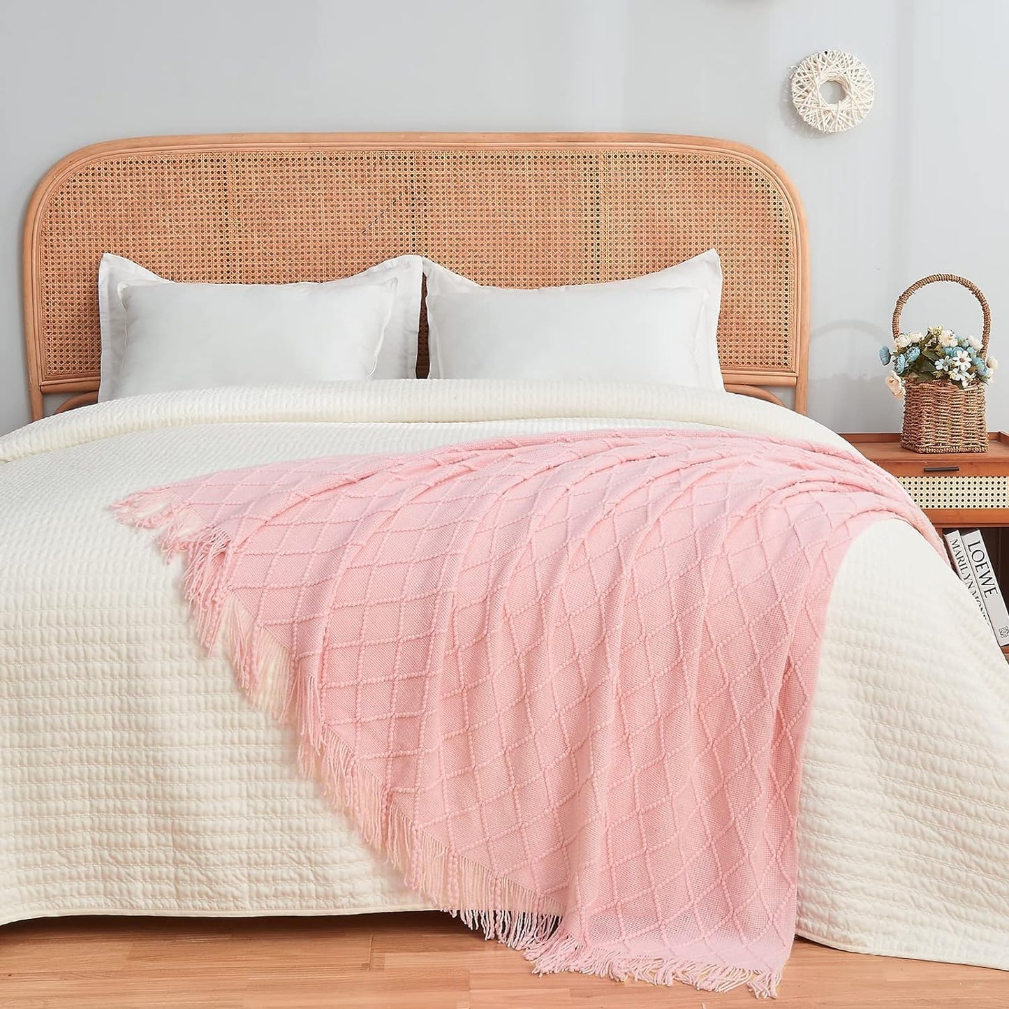 inhand Knitted Gift Throw Blankets for Couch and Bed,Valentines Day Decor Blanket for Her Him Girlfriend Wife, Pink Romatic Lightweight Decorative with Tassel, Farmhouse Warm Woven for Women, 60"x80"