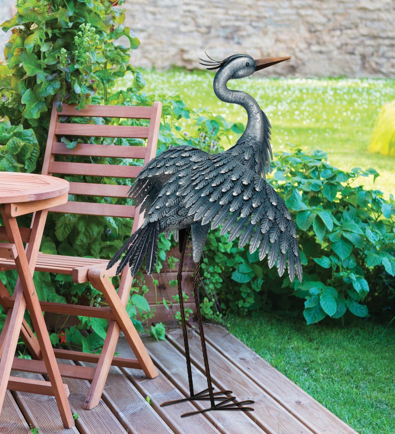 Regal Art & Gift Outdoor Garden Décor, Unique Bird Sculpture, Rustic Metal Bird Statues, Garden Ornaments, Bird Figurine for Lawn, Decorative Sculpture, Heron, Blue, Wings Down, 41"height
