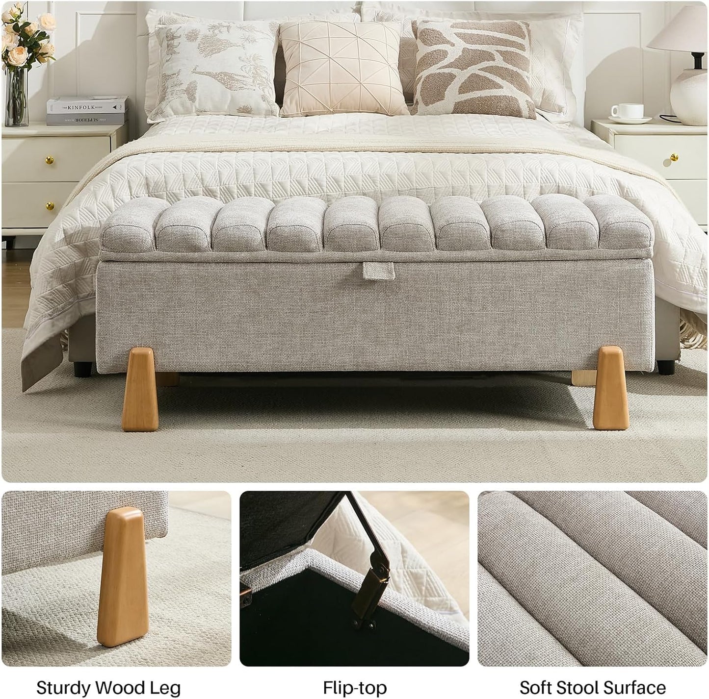 Storage Ottoman Bench, Bedroom Storage Bench Foot Rest with Legs, 17.1 x 48.6 x 18.5 Inches, End of Bed Bench, Load up to 500 lb, for Living Room, Bedroom, Entryway, Light Gray