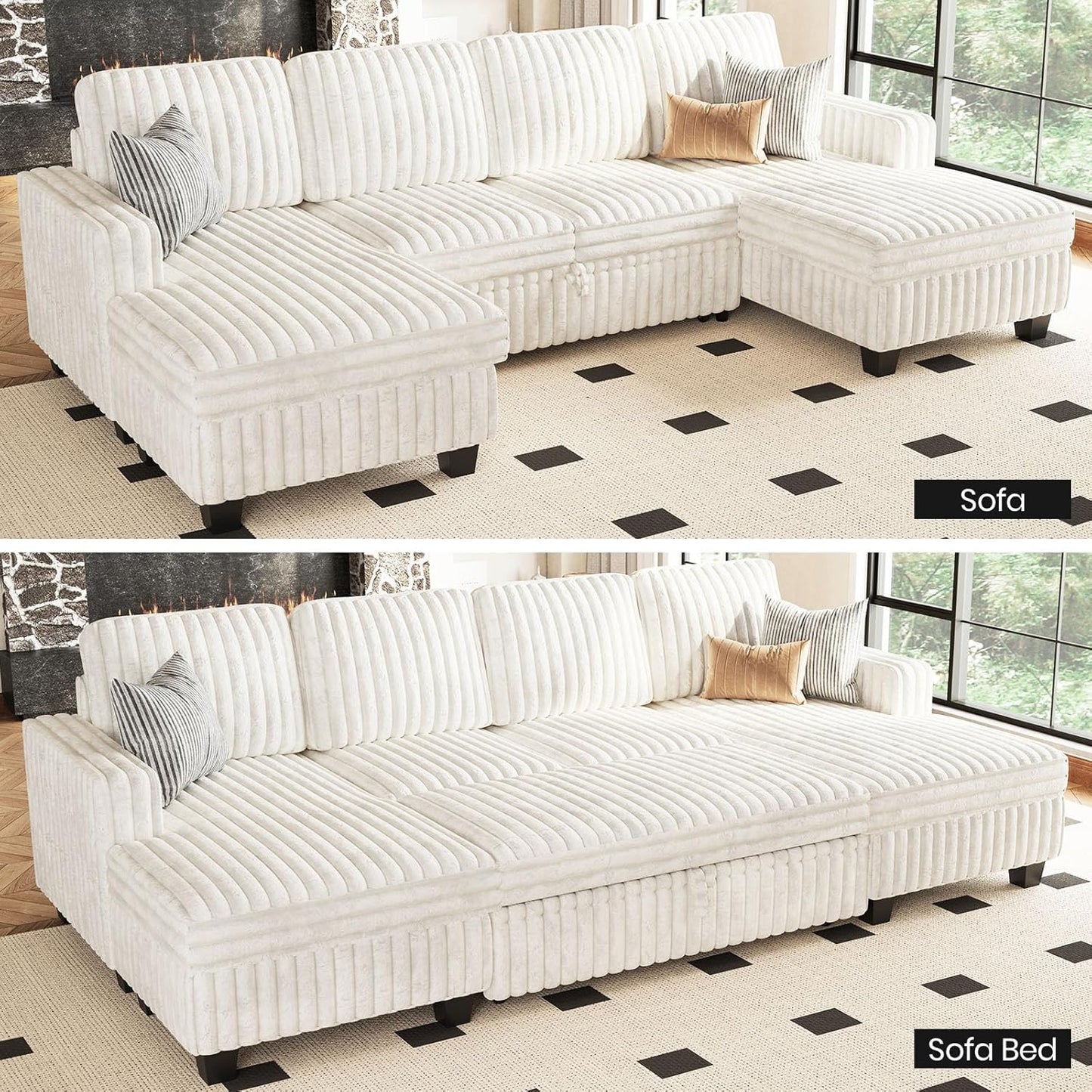 Belffin Modular Sectional Sleeper Sofa with Pull Out Couch Bed Corduroy Double Chaise with Storage White Couch