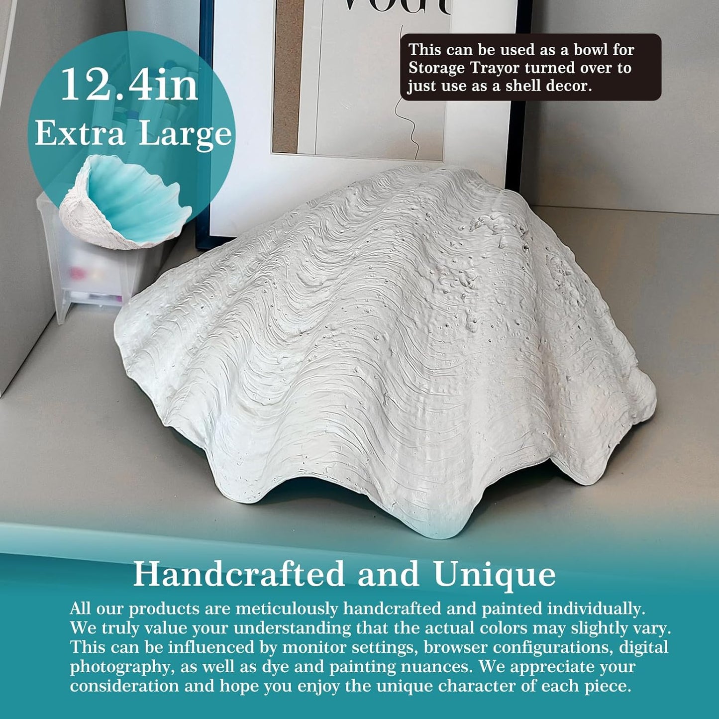 Extra Large Clam Shells Decorative Bowl-Turquoise Sea Shells Decorative Storage Bowls for Coastal Beach theme house table centerpiece decorations & Nautical decorations for coffee table -12.4"-1PC