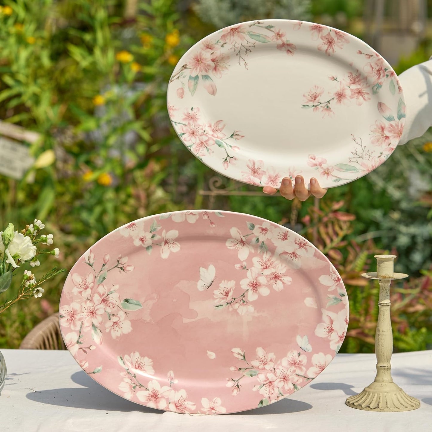 Bico Spring Sakura 16 plus 14 inch Ceramic Oval Platters Set, Set of 2, Microwave & Dishwasher Safe, for Serving Fish, Chicken, Turkey