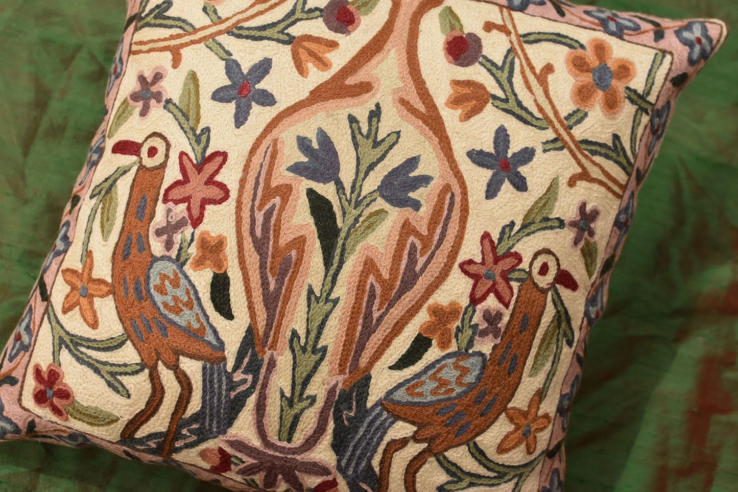 Tree of Life Pillow Cover - Crane Cream Floral Outdoor Pillows | Suzani Cushions | Modern Floral Cushion Hand Embroidered Shams Wool Size - 18x18