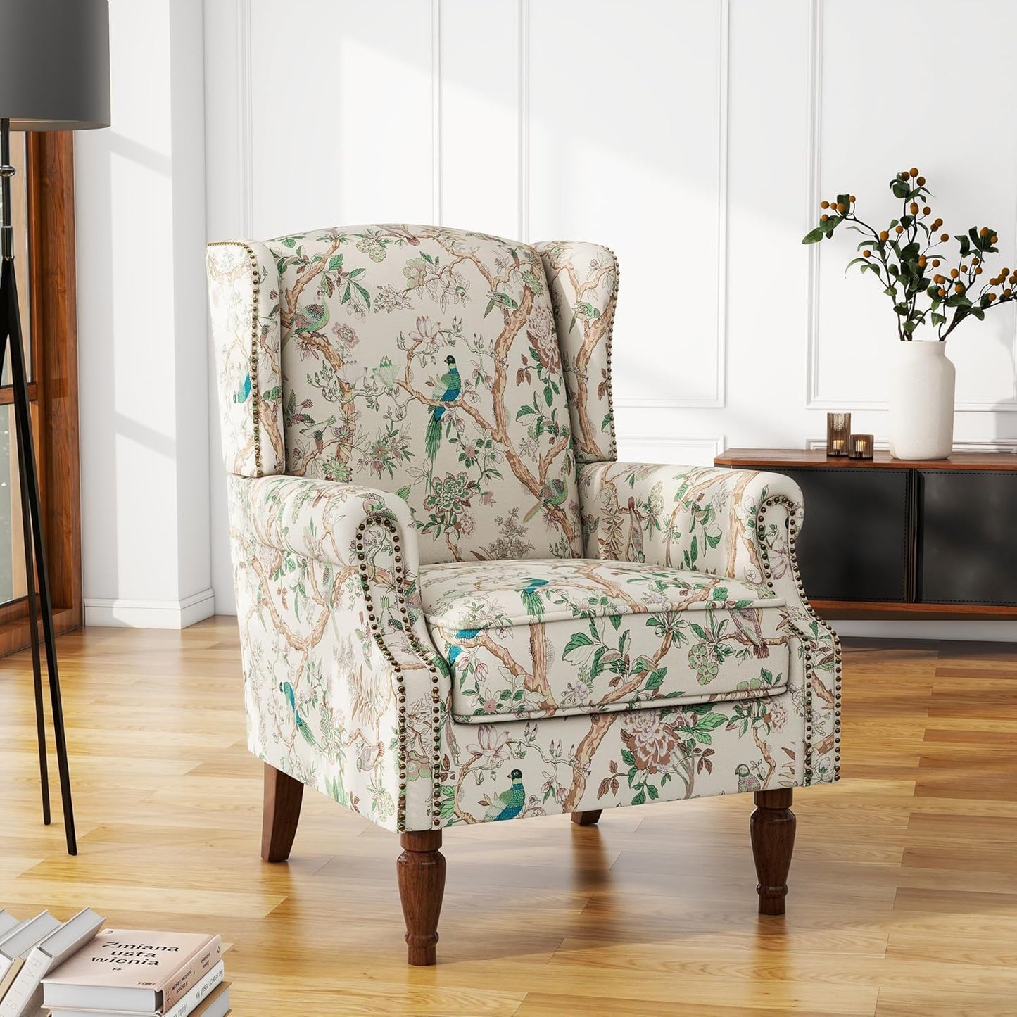 UIXE High Back Accent Chairs Set of 2, Fabric Upholstered Armchair for Living Room, Retro Printed Wingback Arm Chair Rivet Trimed Single Sofa Bedroom Reading Seat - Bird Floral