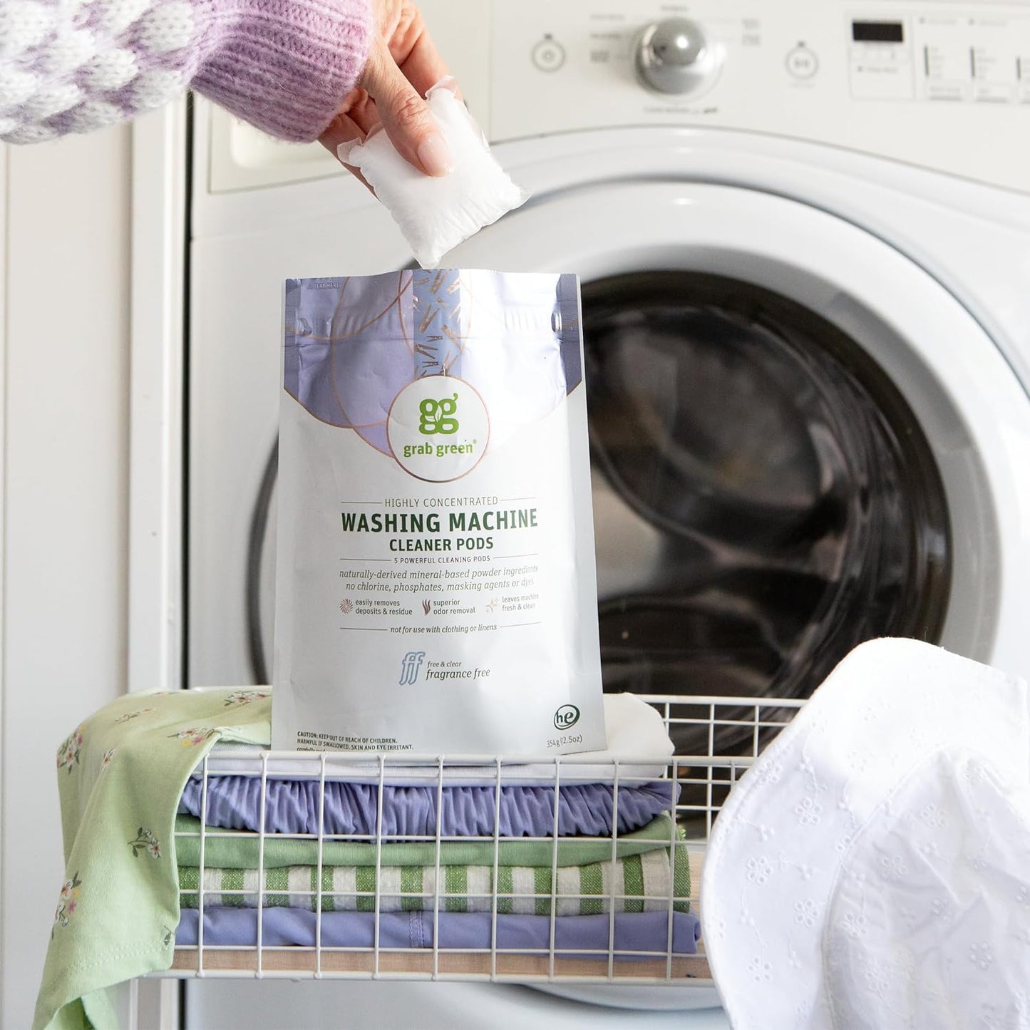 Grab Green Washing Machine Cleaner, 5 Count, Fragrance Free, Mineral Based Removes Deposits and Odors, Naturally Cleans