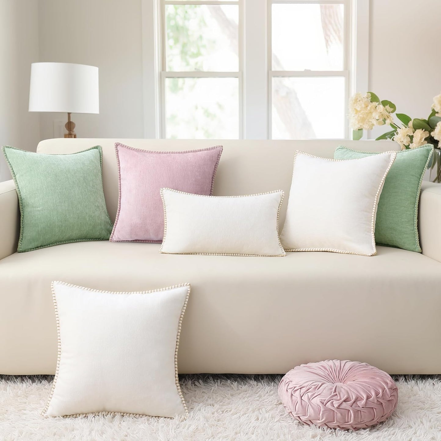 decorUhome Chenille Soft Throw Pillow Covers 26x26 Set of 2, Farmhouse Velvet Neutral Decorative Euro Pillow Covers with Stitched Edge for Couch Sofa Bed Home Decor, Cream White