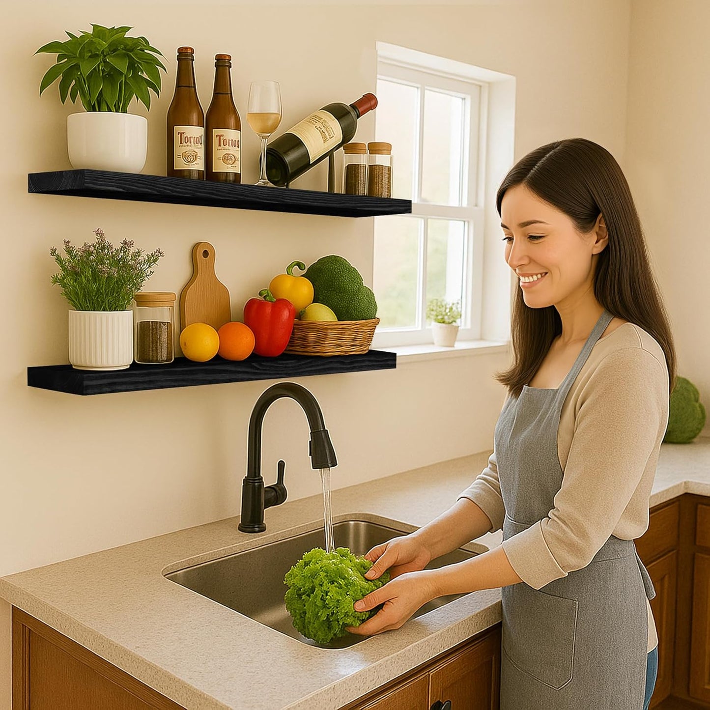 BGMG Wood Floating Shelves 36 inch Long,Wide Rustic Wooden Wall Shelves for Bathroom Living Room Bedroom Kitchen Farmhouse Set of 2-36x6.7x1.25 inch-Black