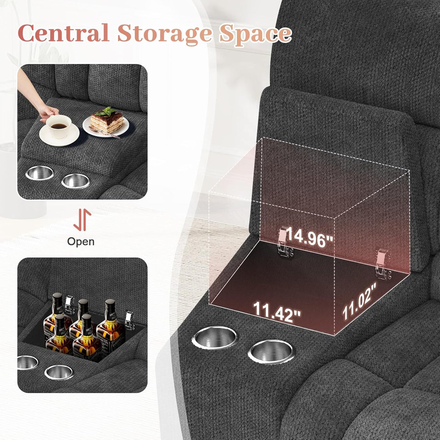 Recliner Sofa Set with 2+1+1 Pieces, Fabric Manual Pull Tab Reclining Loveseat with Storage Console, Single Recliner Chair for Living Room, RV, Grey