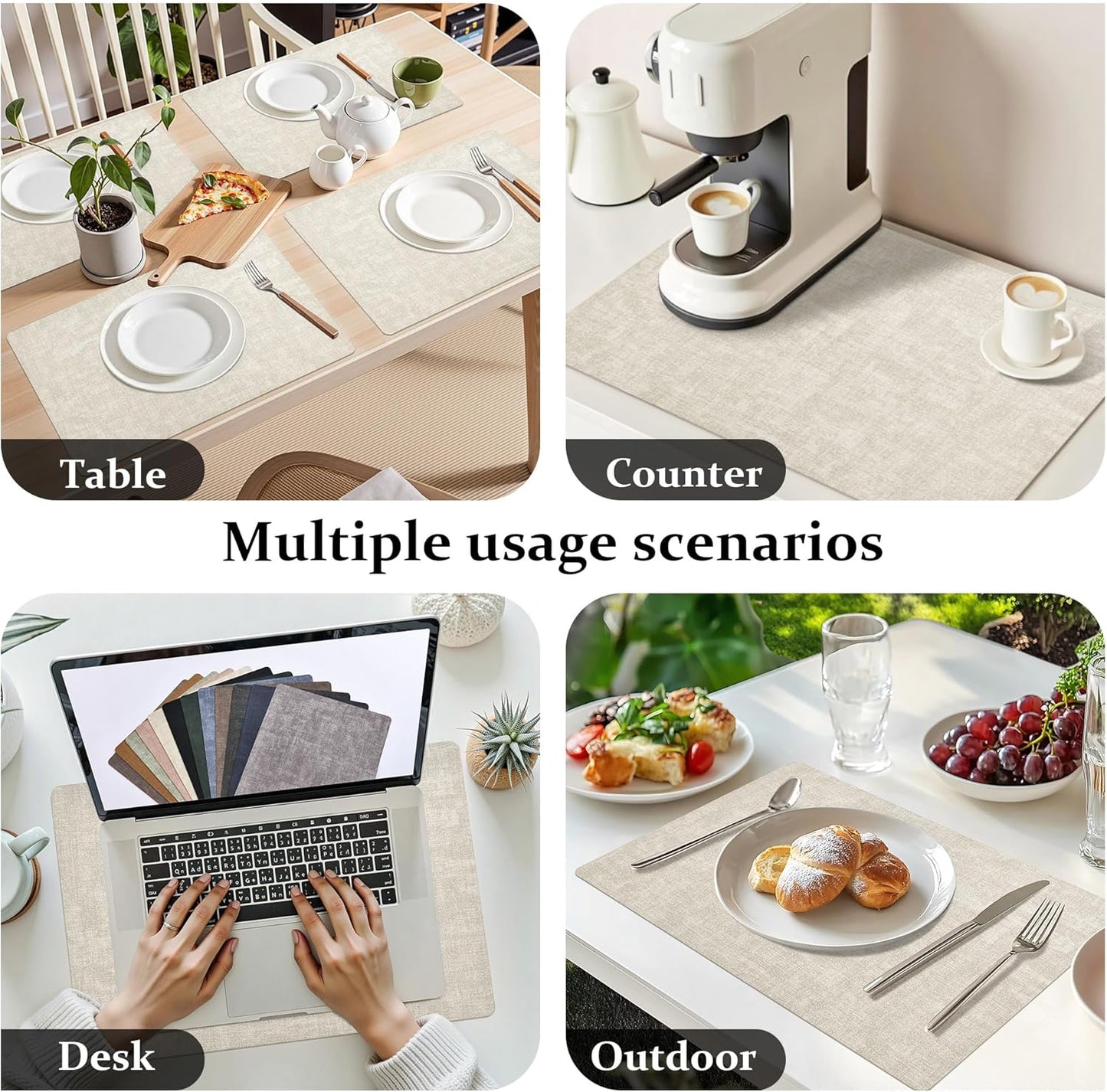 FROMHEART Faux Leather Placemats Set of 6–Waterproof,Heat/Oil Stain-Resistant PU Table Mat–Reversible,Non-Slip,Easy to Clean Place Mats for Kitchen,Dining,Indoor/Outdoor,(Beige,11.8" x 17")