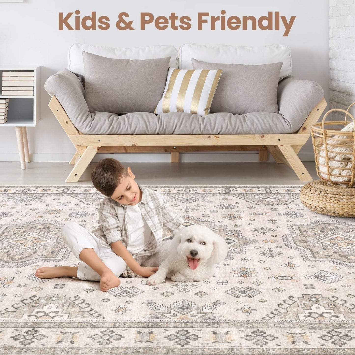 Washable Area Rugs for Living Room -9x12 Neutral Vintage Distressed Floral Farmhouse Boho Large Soft Floor Rug Indoor Non Slip Carpet for Living Room Bedroom Dining Room Office -Beige Brown