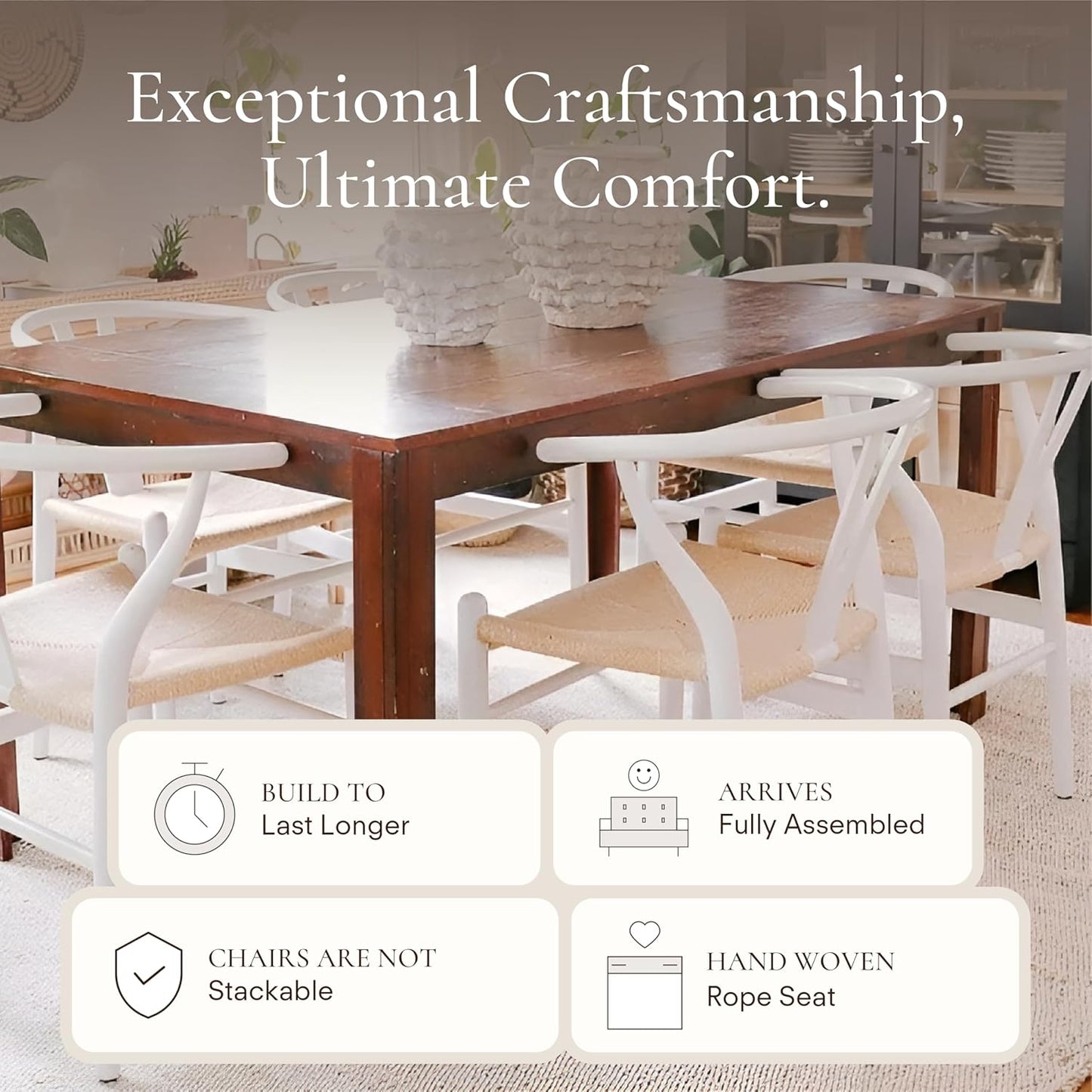 POLY & BARK Weave Dining Chair – Mid-Century Modern Wishbone Dining Chair with Arms, Solid Wood Frame, Indoor Use – White – Single - Ideal for Dining Room, Kitchen or Stylish Accent Setting