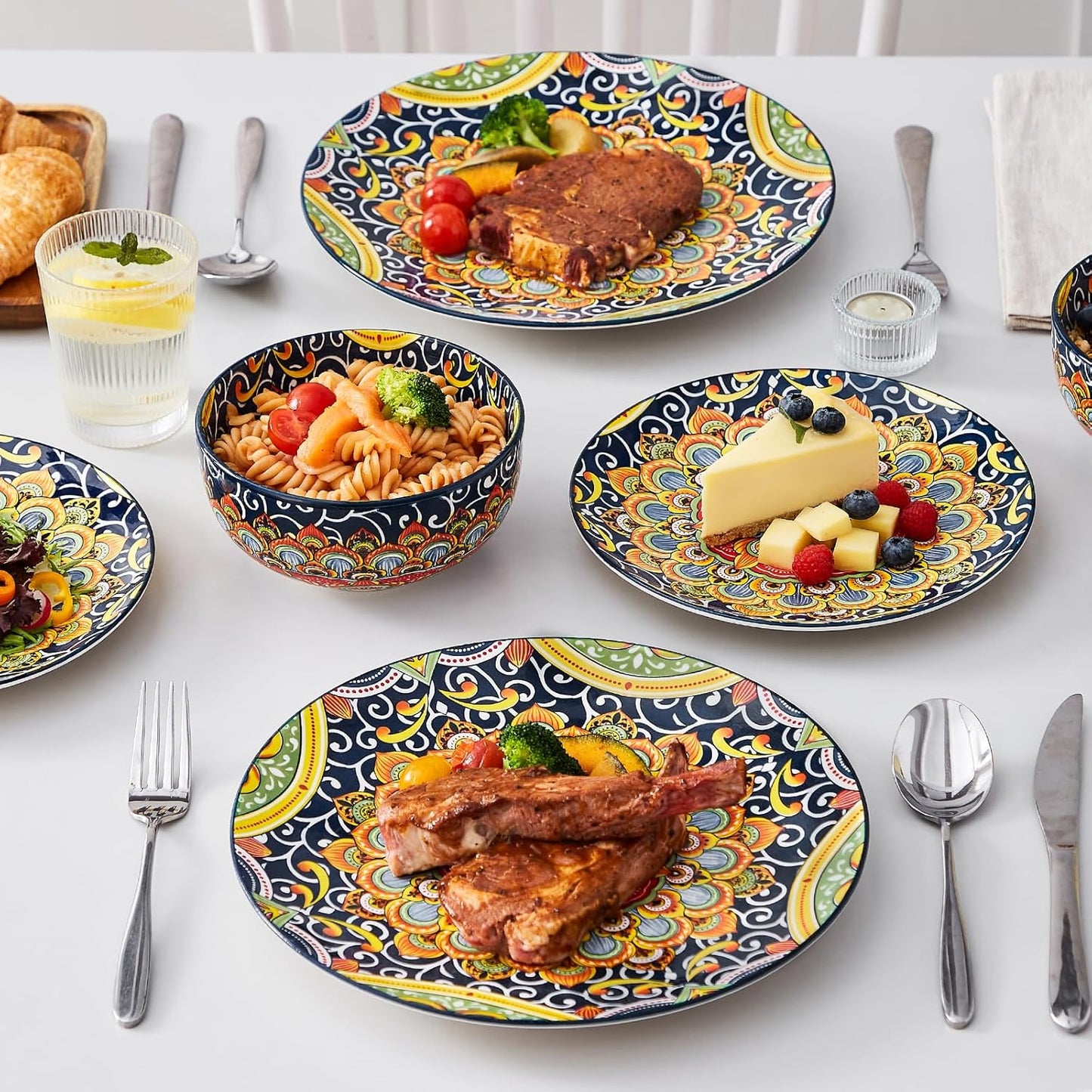 vancasso 12 Pieces Dinnerware Sets, Dark Green Plates and Bowls Set, Porcelain Dishes Set for 4, Microwave and Dishwasher Safe, Scratch Resistant, Bohemian Style Dining Ware Service for 4, Series SIMI