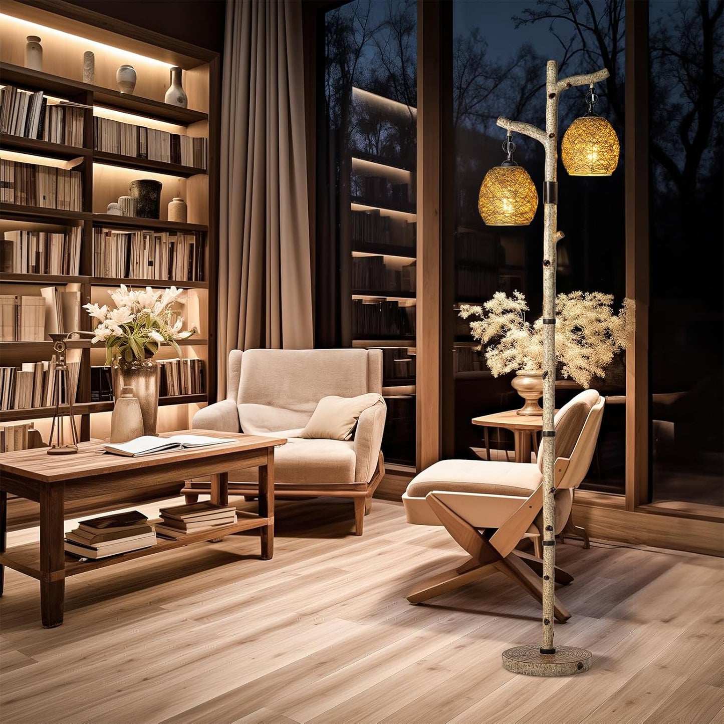 68.5" Rustic Farmhouse Remote Control Switch Birch Tree Floor lamp with Bird Nest Lantern Shade Vintage Standing Lamp for Living Room Bedroom Hotel Bar Office Wood House(Bulb Included)