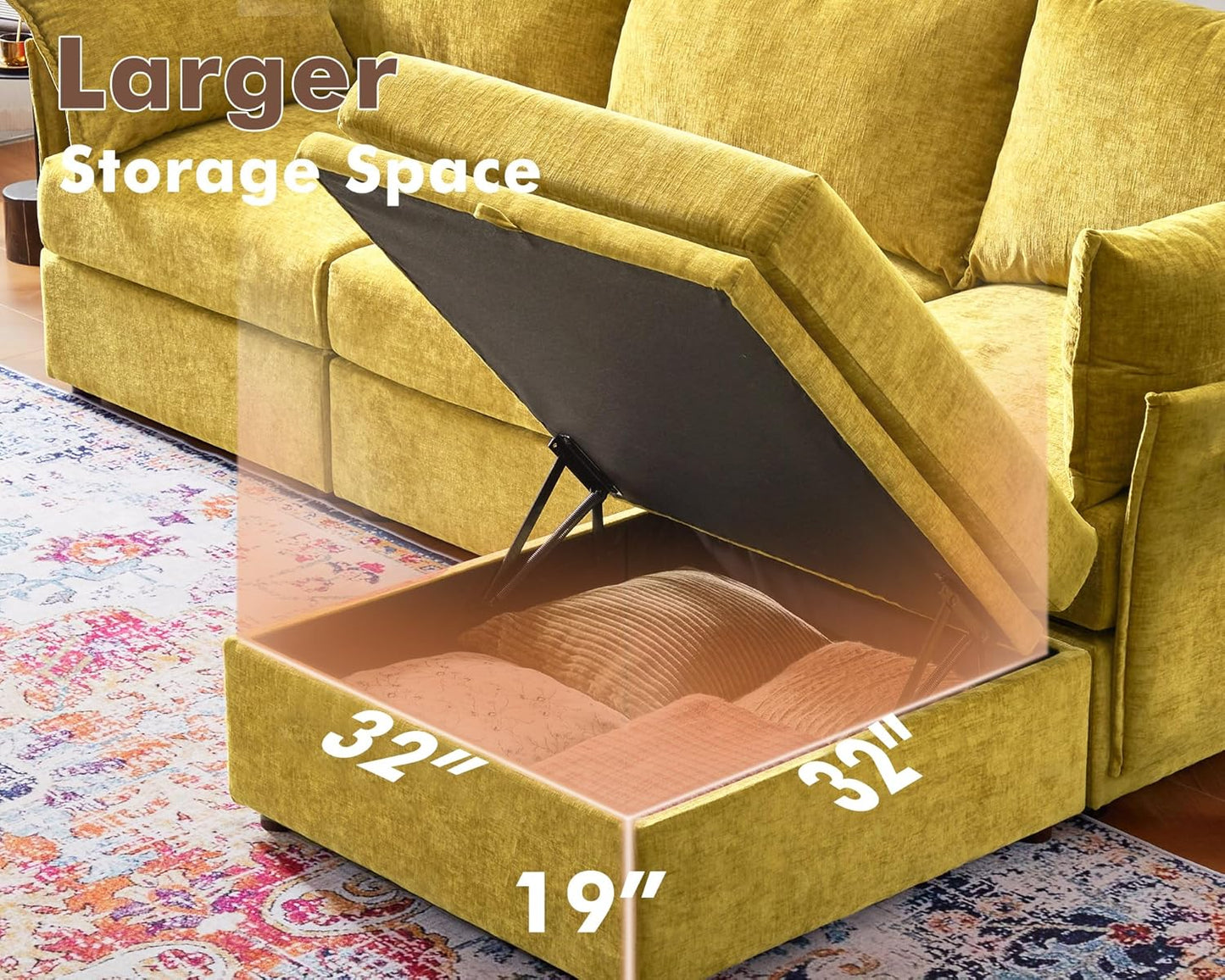 102.6" Luxury Modular Sleeper Sofa Bed 6 Seat Reversible Sectional Couch Deep Seat with Storage Chaises Removable Cover for Living Room, Apartment - Chenille Yellow