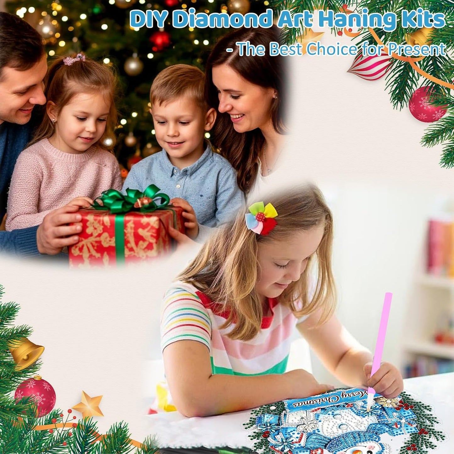 MEIYUDA Christmas Hanging Diamond Art Kits for Adult, Snowman Wreath Diamond Painting Hanging Kits Ornaments, DIY Special Shaped Rhinestone Window Pendants kit for Home Garden Wall Decor Gift