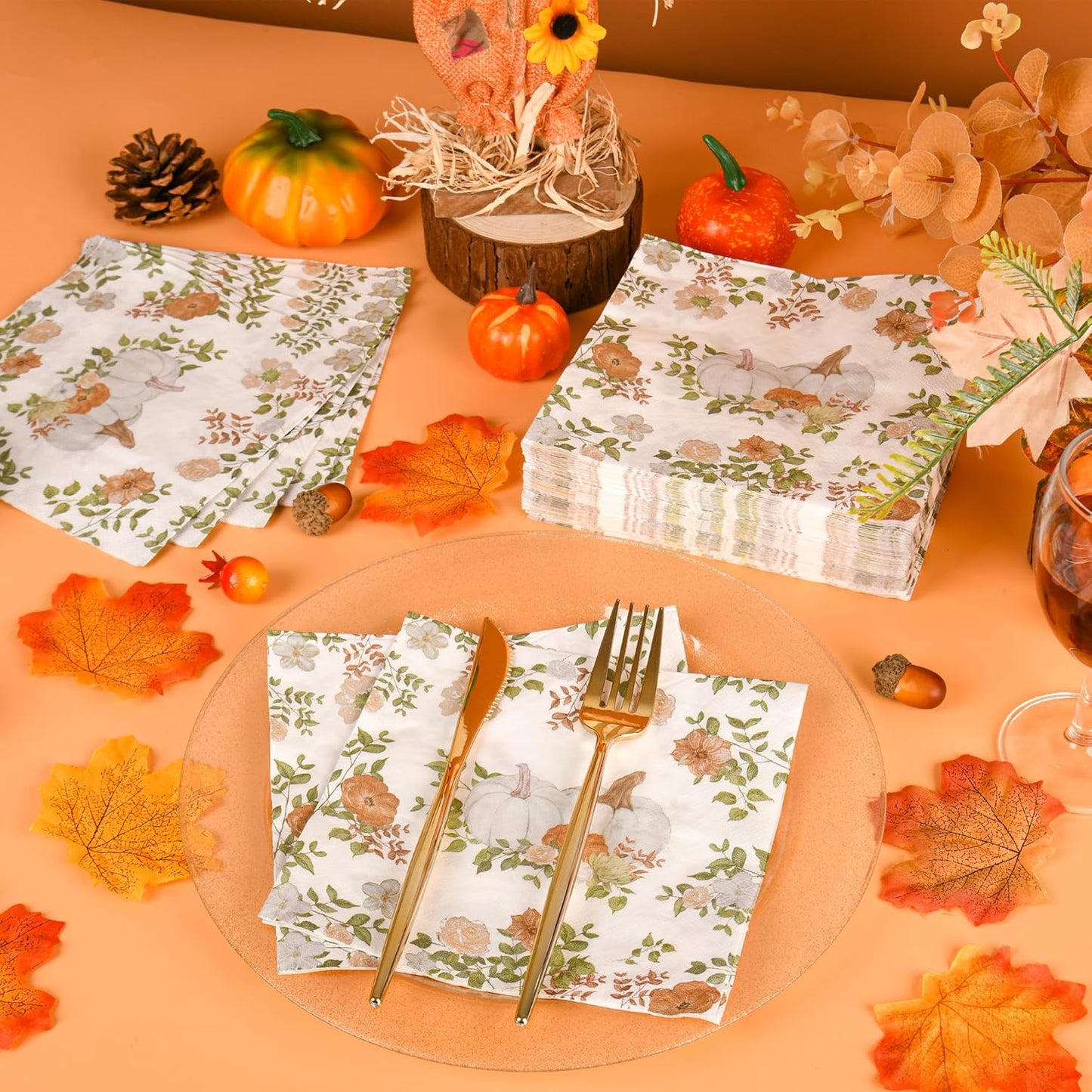 150Pcs Fall Paper Plates and Napkins Party Supplies Autumn Thanksgiving Disposable Plates Napkin White Pumpkin Plates Tableware Set for Fall Decor Thanksgiving Party Supplies,Serve 50 Guests