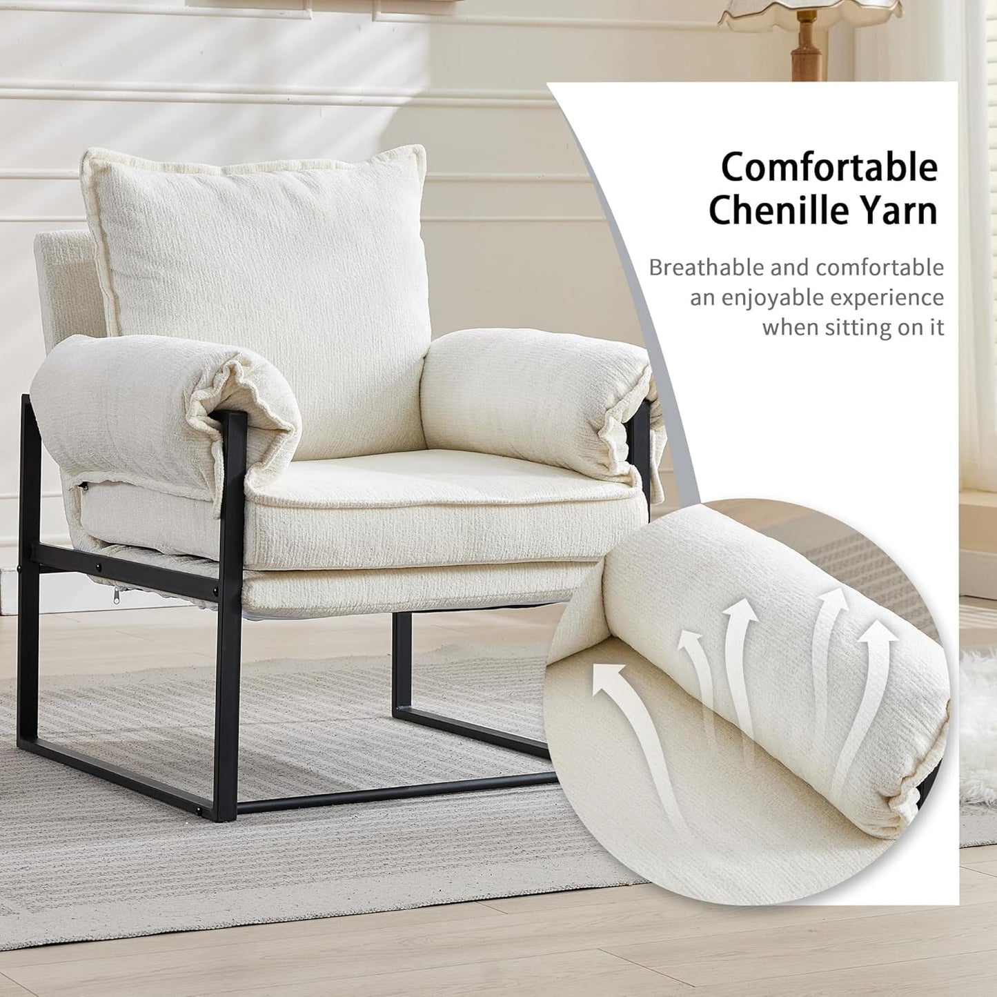 YISHENG Accent Chair with 6-Angle Adjustable Backrest, Chenille Fabric Living Room Chair Upholstered Lounge Chair, Modern Chair Cozy Reclining Chair for Reading Room, Set of 2 White