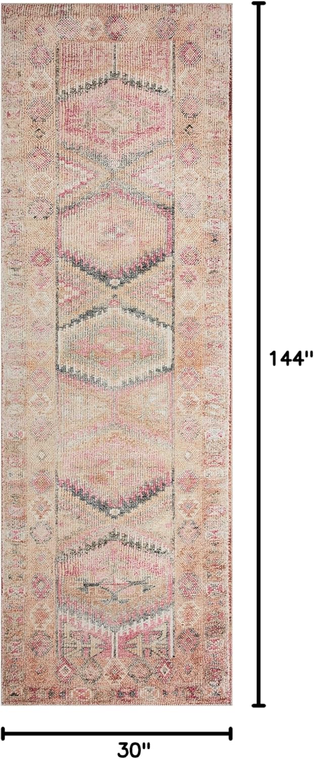 Loloi Layla Collection LAY-17 Pink/Lagoon 2'-6" x 12'-0" .13" Thick Runner Rug, Soft, Durable, Vintage Inspired, Distressed, Low Pile, Non-Shedding, Easy Clean, Printed, Living Room Rug