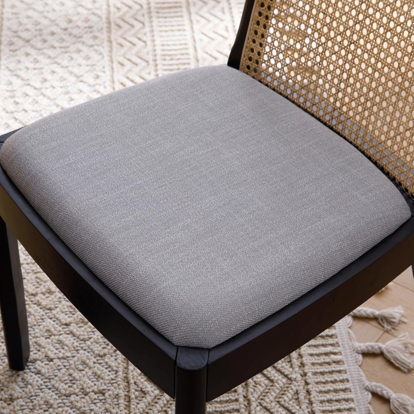 Mid Century Dining Chairs Set of 6, Accent Rattan Side Chairs Linen Fabric Kitchen Chair with Solid Wooden Legs for Living Room Dining Room, Grey