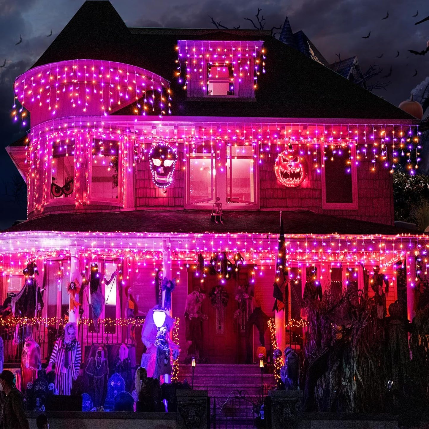 Orange and Purple Halloween Lights Outdoor, 33FT 400 LED Icicle Lights for Outside with Waterproof 8 Modes, Plug in Timer String Twinkle Light for Indoor House Yard Party Holiday Decorations