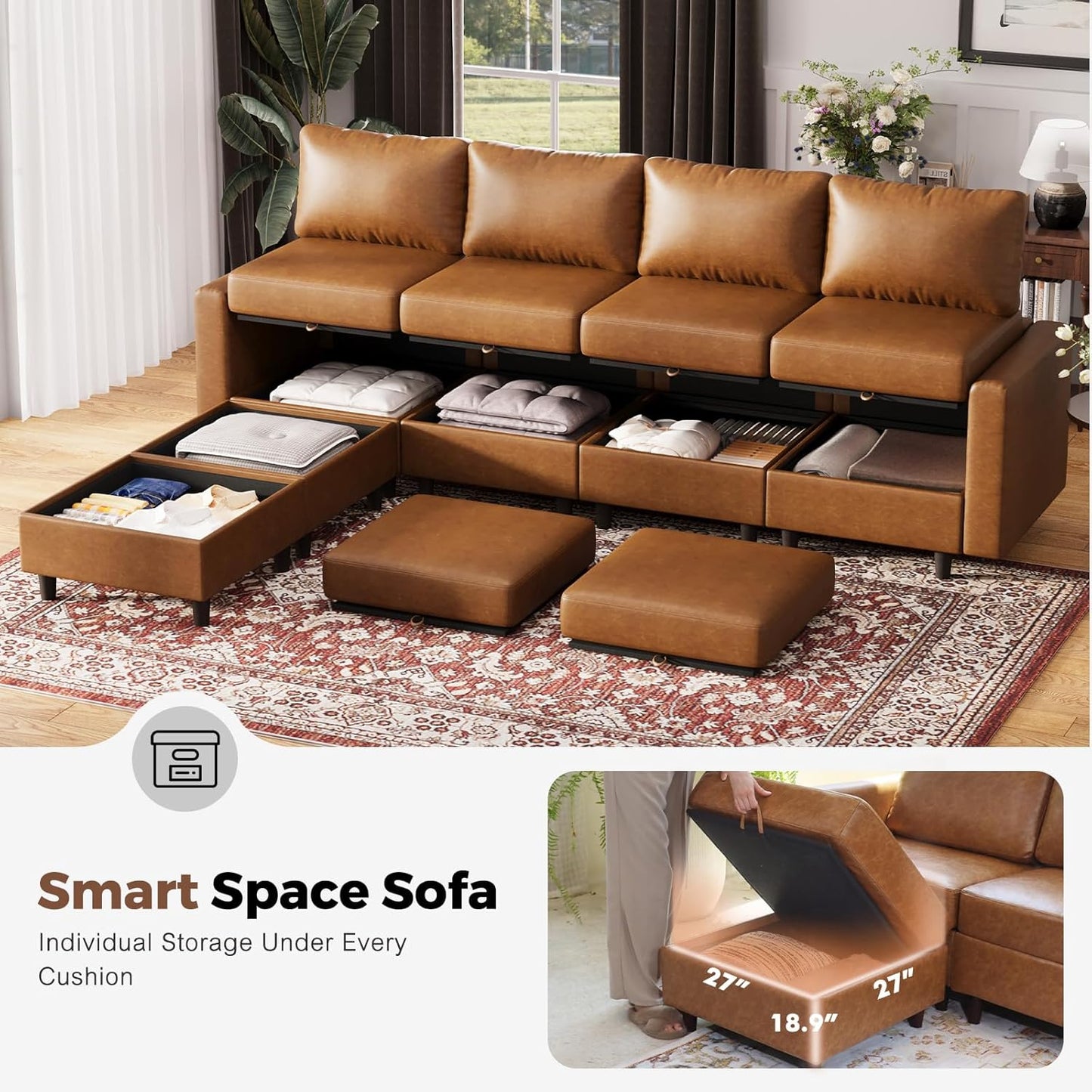 91.5" Luxury Modular Sleeper Sofa Bed with Storage Seat, 6 Seat Sectional Couch Deep Seat with Reversible Chaises & Removable Cover for Living Room - Faux Leather Brown