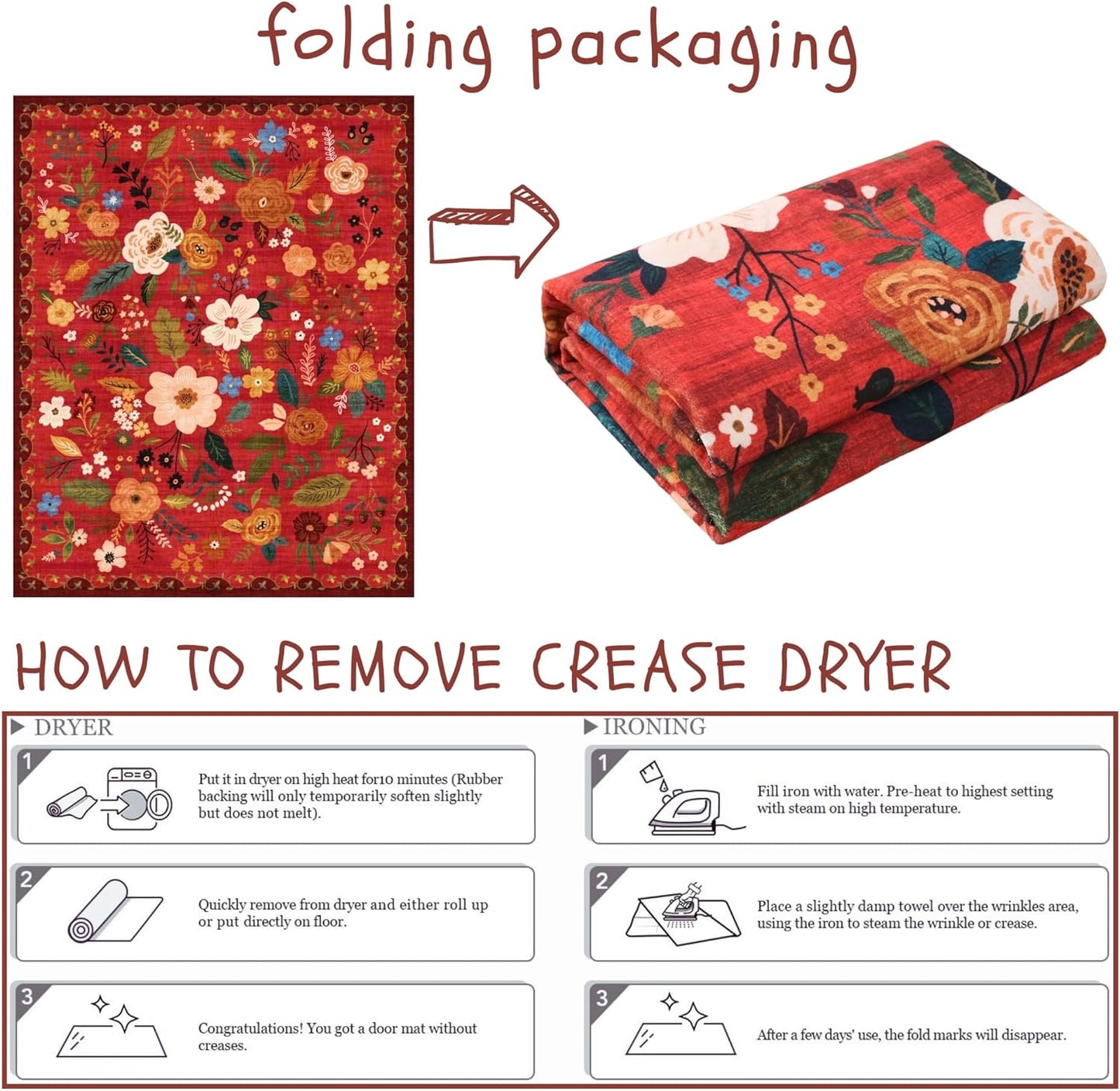 Door Mat Indoor Entrance 2x3 Rug Machine Washable Boho Floral Small Area Rug Non-Slip Low Pile Throw Rugs for Entryway, Kitchen, Front Door Indoor Entrance, Entry, Kids Room (Red)