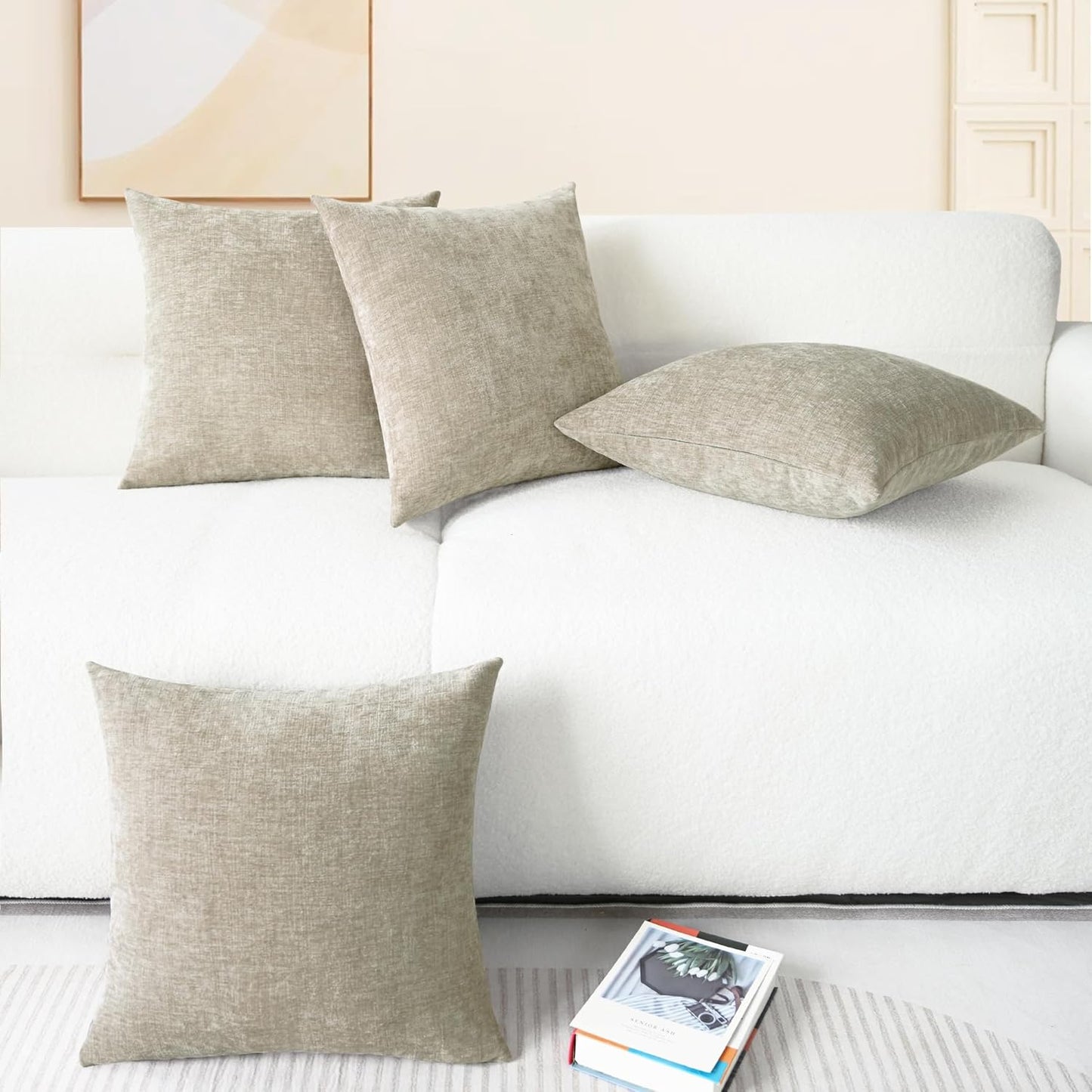 CaliTime Throw Pillow Covers Decorative 18 X 18 Inches Pack of 4 Cozy Chenille Cushion Cases for Couch Sofa Bed Living Room Home Light Taupe