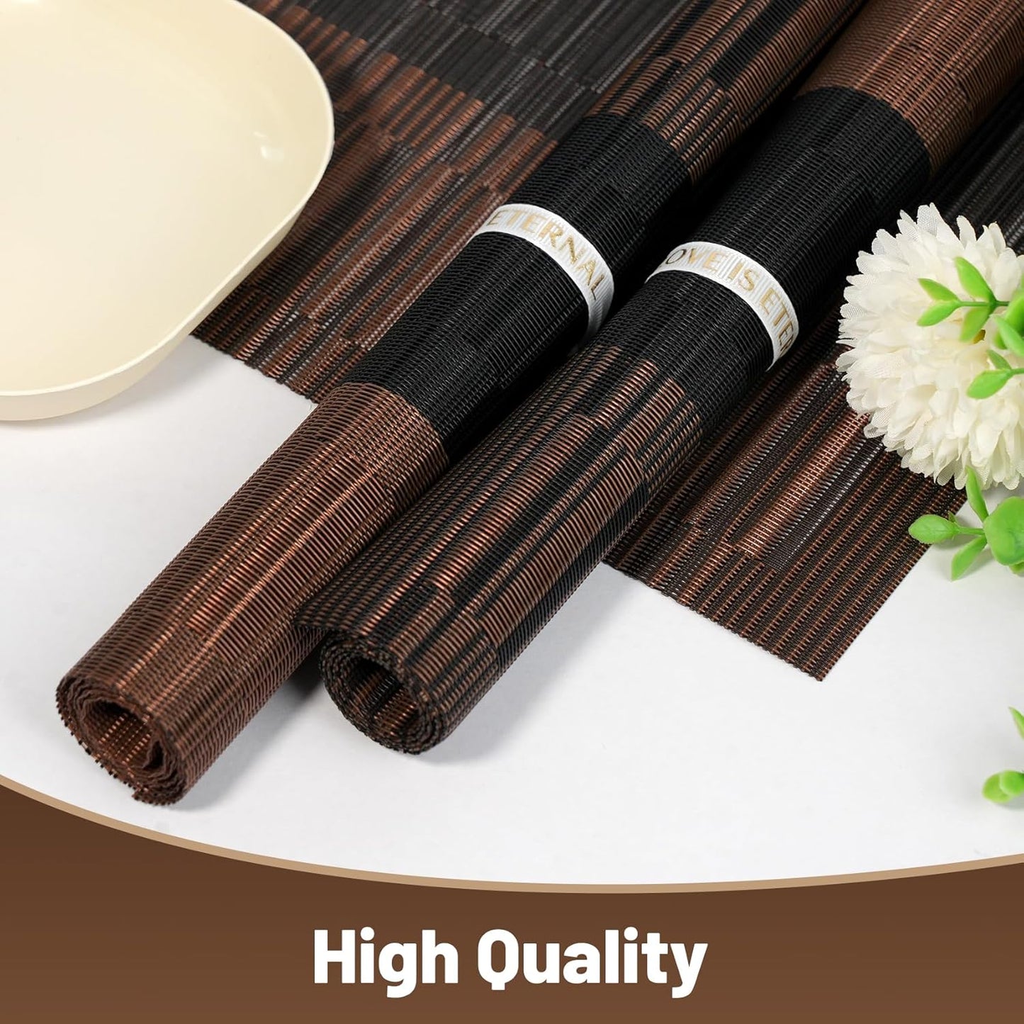 Placemats Set of 8,Non-Slip PVC Weave Table Mats Easy to Clean,Heat Resistant Place Mats for Kitchen Dining Table Decoration Indoor Outdoor,Black Brown