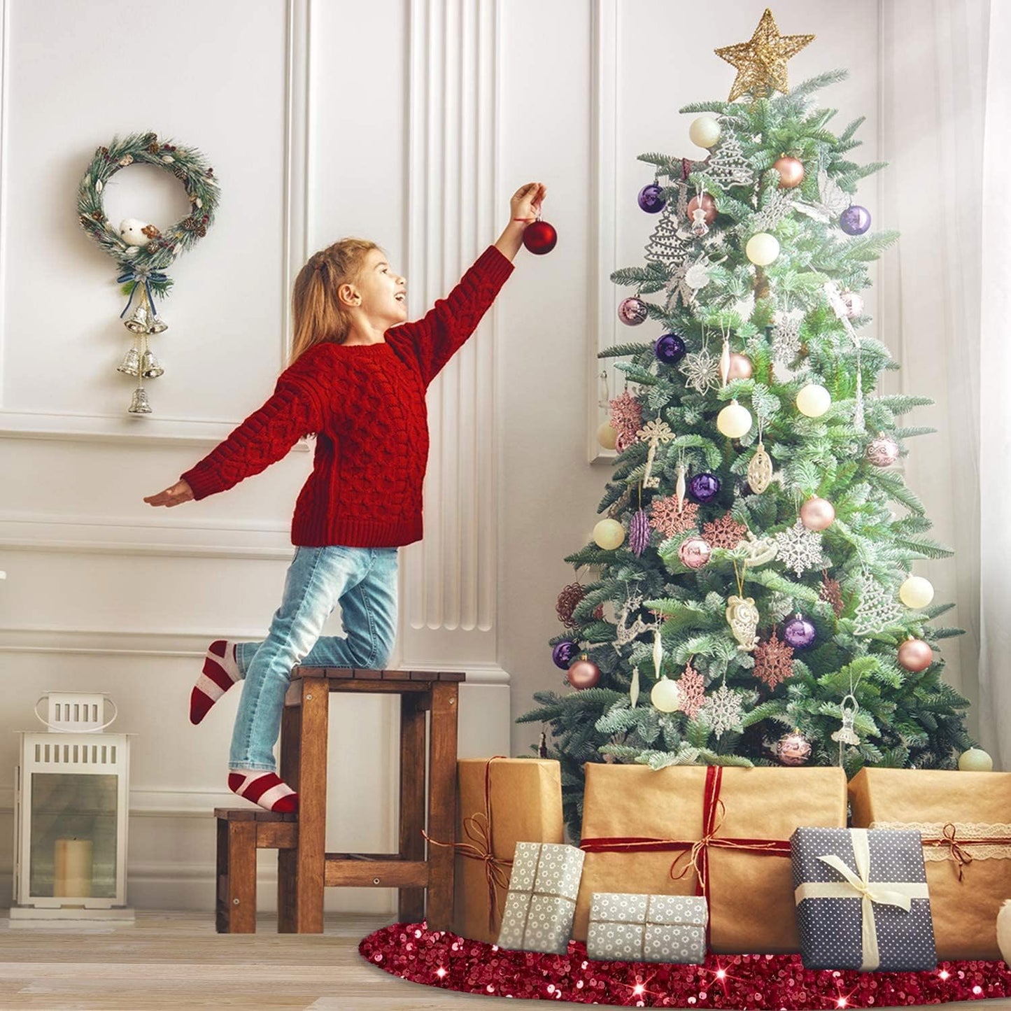 MODFUNS Sequins Christmas Tree Skirt 46 Inch Burgundy Xmas Tree Skirt Soft Fabric Christmas Tree Floor Mat Velvet Tree Skirt Christmas Tree Carpet for Indoor Home Party Decorations