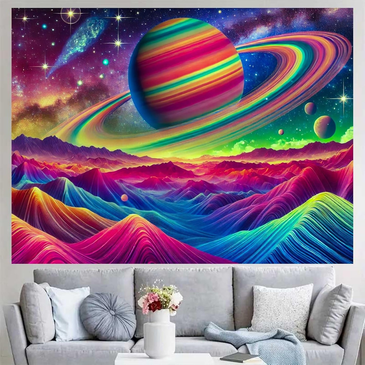 BlissYard Psychedelic Saturn Landscape UV Black Light Tapestry 78x59 Inches Art Color Neon Light Background Bedroom Living Room Wall Party Decoration Galaxy Planet Ringed Space Mountain Sci-Fi Scene