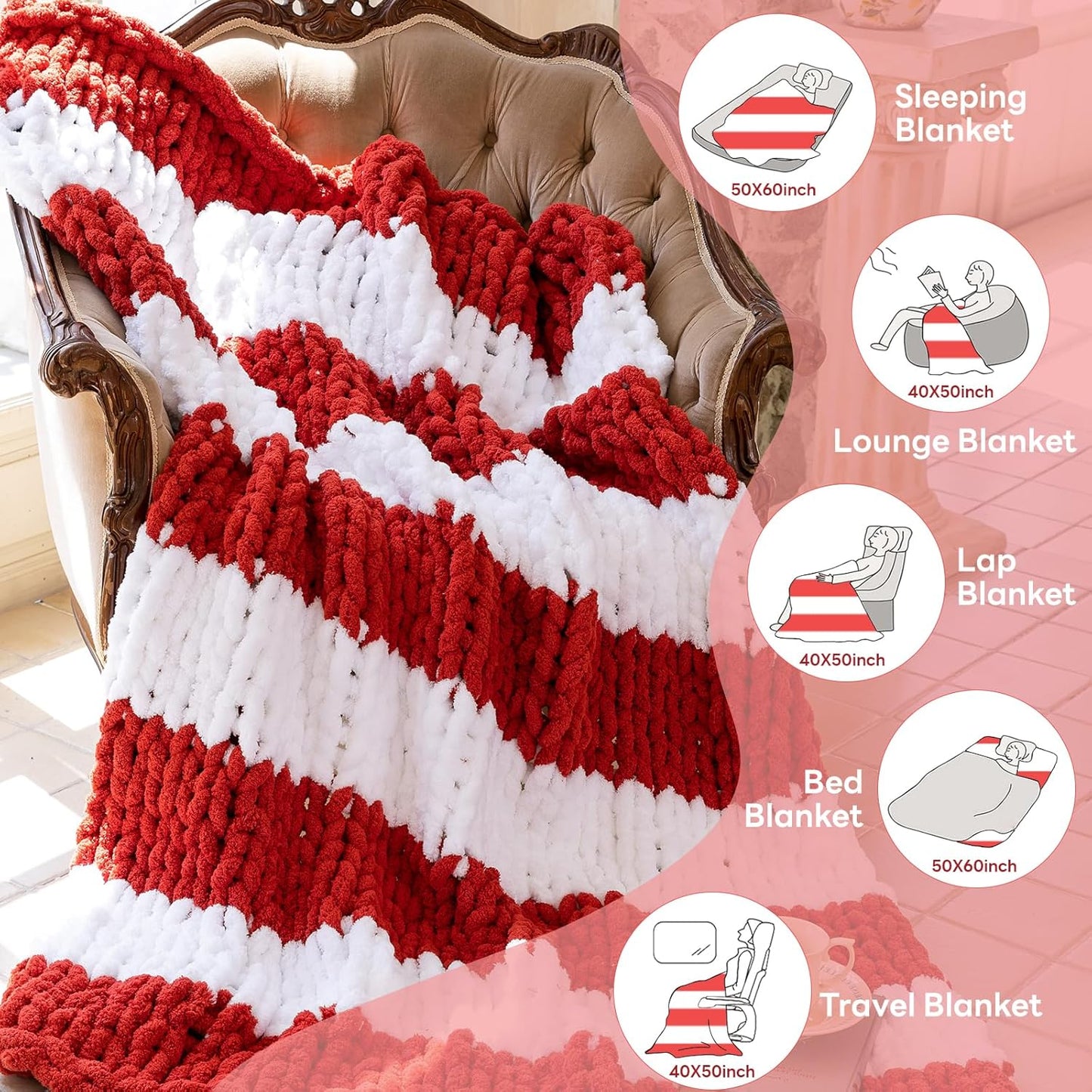 Chunky Knit Blanket - Luxury Soft Cozy 60 * 80 Throw Blanket,100% Woven Blanket Rope Knot Throw Blanket for Couch, Sofa, Home Decor, Gift - Machine Washable(White/Wine red)