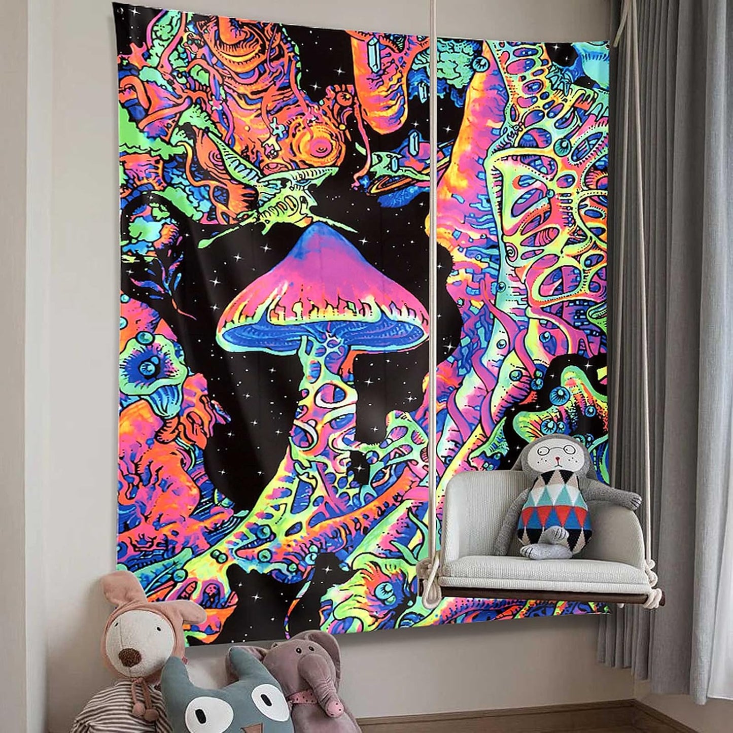 ADDWel Blacklight Mushroom Tapestry, Fantastic Upright Tapestry Glow In The Dark, UV Reactive Black Light Tapestries Posters Wall Hanging for Backdrop Bedroom Dorm Living Room Decor(50"x60")