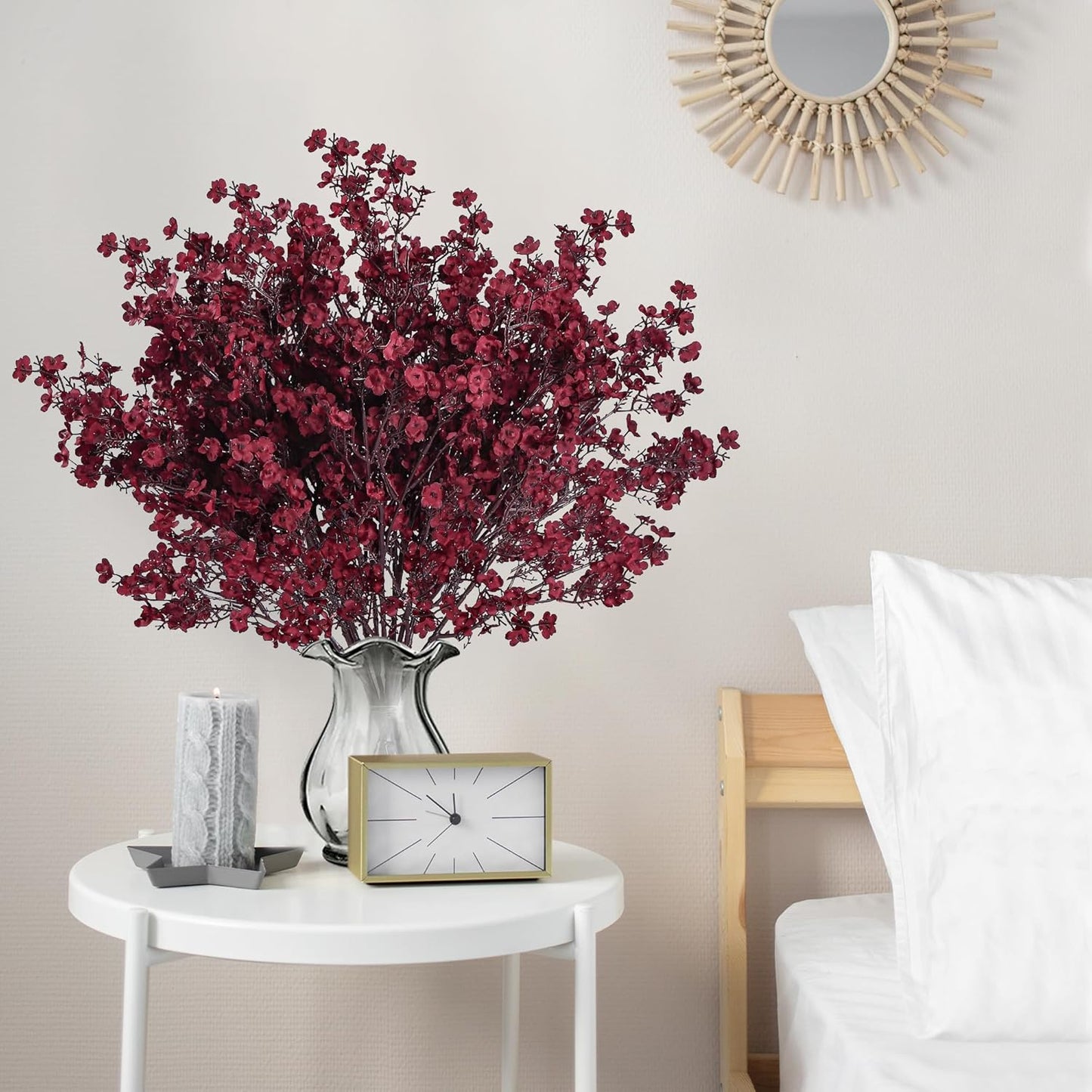 Sggvecsy 15 Pcs Babys Breath Artificial Flowers Gypsophila Bouquets Bulk Real Touch Fake Silk Flowers for Home DIY Floral Arrangement Table Centerpiece Fall Thanksgiving Autumn Decoration (Burgundy)