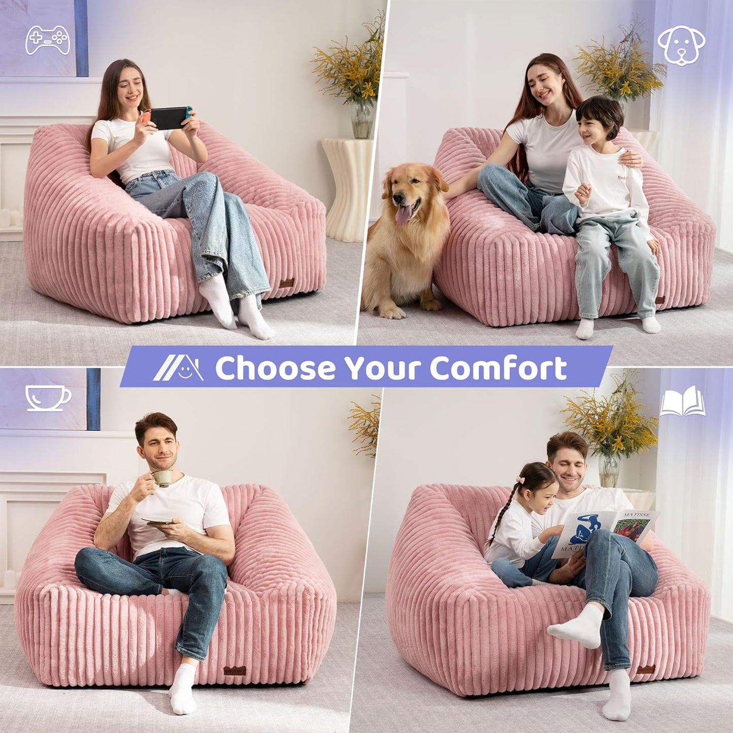 HABUTWAY Bean Bag Chair, Giant Bean Bag Chairs for Adults and Kids, Bean Bag Sofa, Lazy Floor Sofa, Faux Fur Beanbag Chair with Armrests for Living Room Bedroom (Pink)