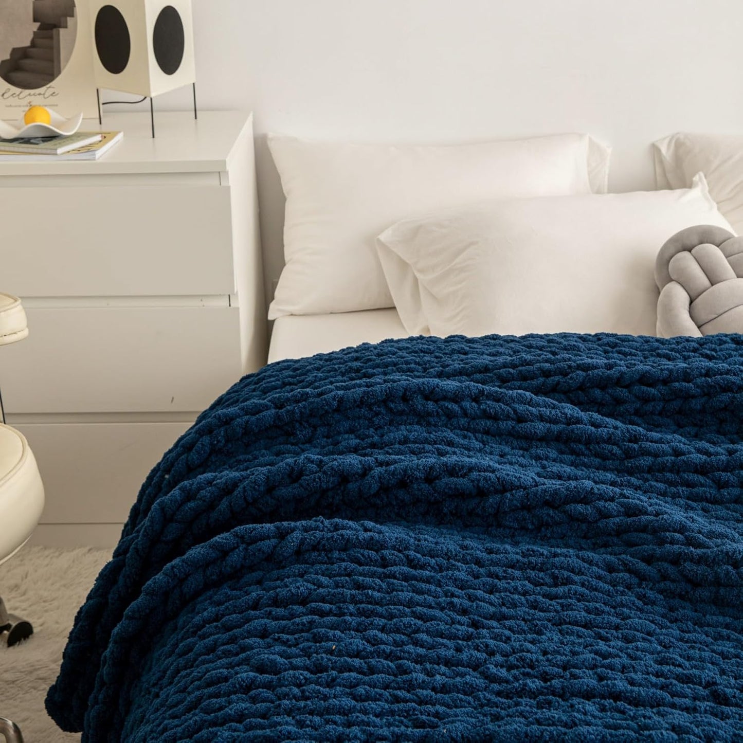 WESHIONGOO Chunky Knit Blanket Throw 40"*40" Knitted Throw Blankets for Couch Bed Fluffy Soft Blanket with Jumbo Chenille Yarn Thick 100% Handmade(Navy Blue)