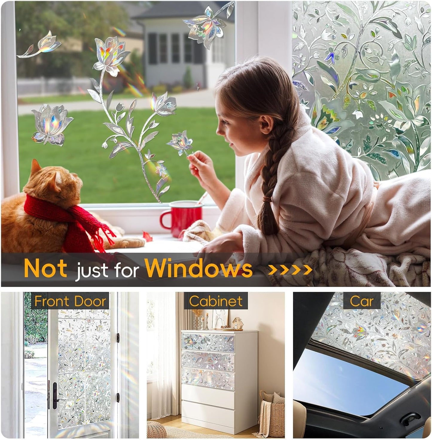 Rainbow Window Privacy Film Decorative, Stained Glass Window Tint for Home, 3D Decals Window Clings for Glass Windows, Static Cling Window Sticker, Suncatcher Window Cover,45.2" by 157.4"