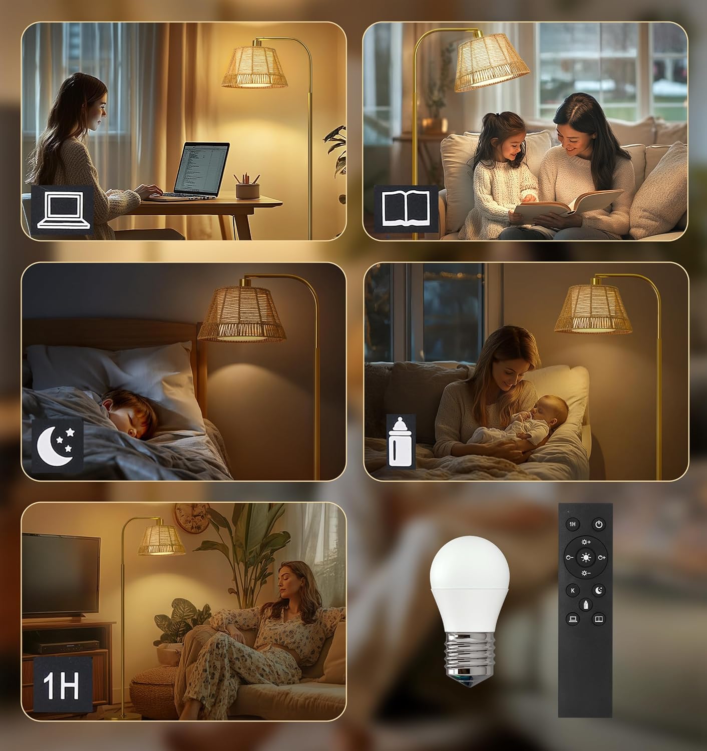 Oneach Arc Floor Lamp for Living Room with 3 Color Temperatures, Farmhouse Floor Lamps with Remote & Dimmable Bulb, Rattan Boho Floor Lamp with Hand-Woven Wicker & Fabric Shade