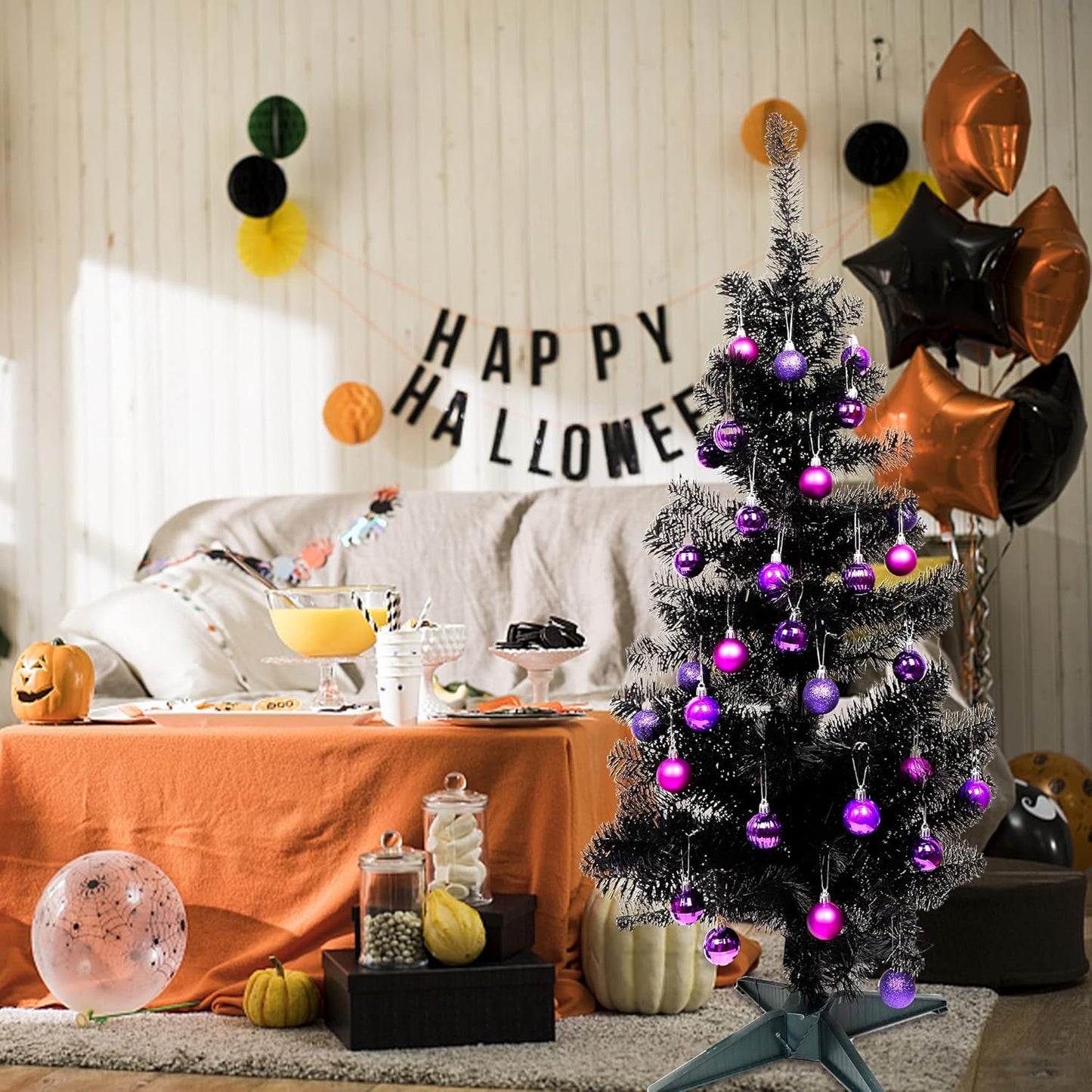 Lulu Home Halloween Hanging Ornaments, 34 Ct 1.57" Pre-Strung Plastic Balls, Shatterproof Barrel Packed Balls for Holiday Party Wreath Tabletop Tree Decorations, Dark Purple