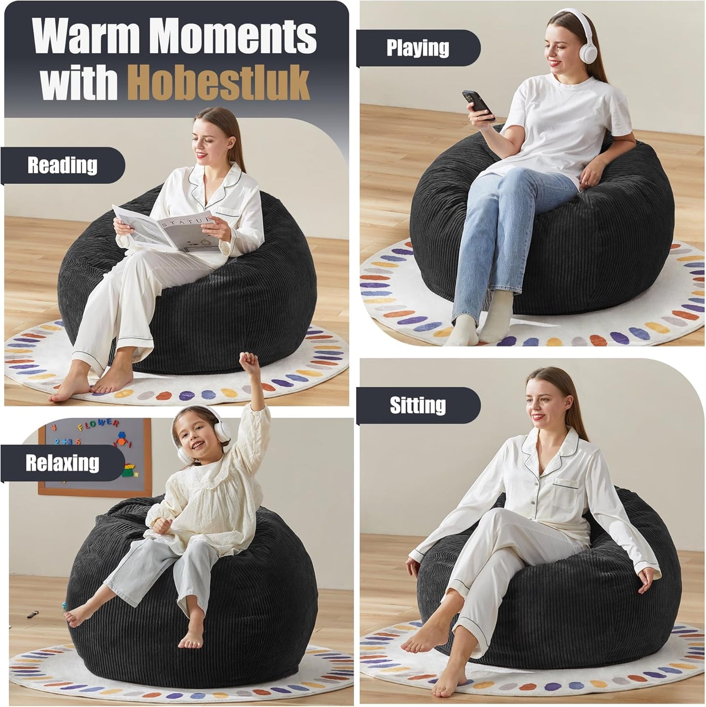 Hobestluk 3.5FT Bean Bag Chair Adult Bean Bag Chair Large Bean Bag Chair with Filler Included Teardrop Bean Bag with Removable Cover for Bedroom Living Room - (Large, Black)