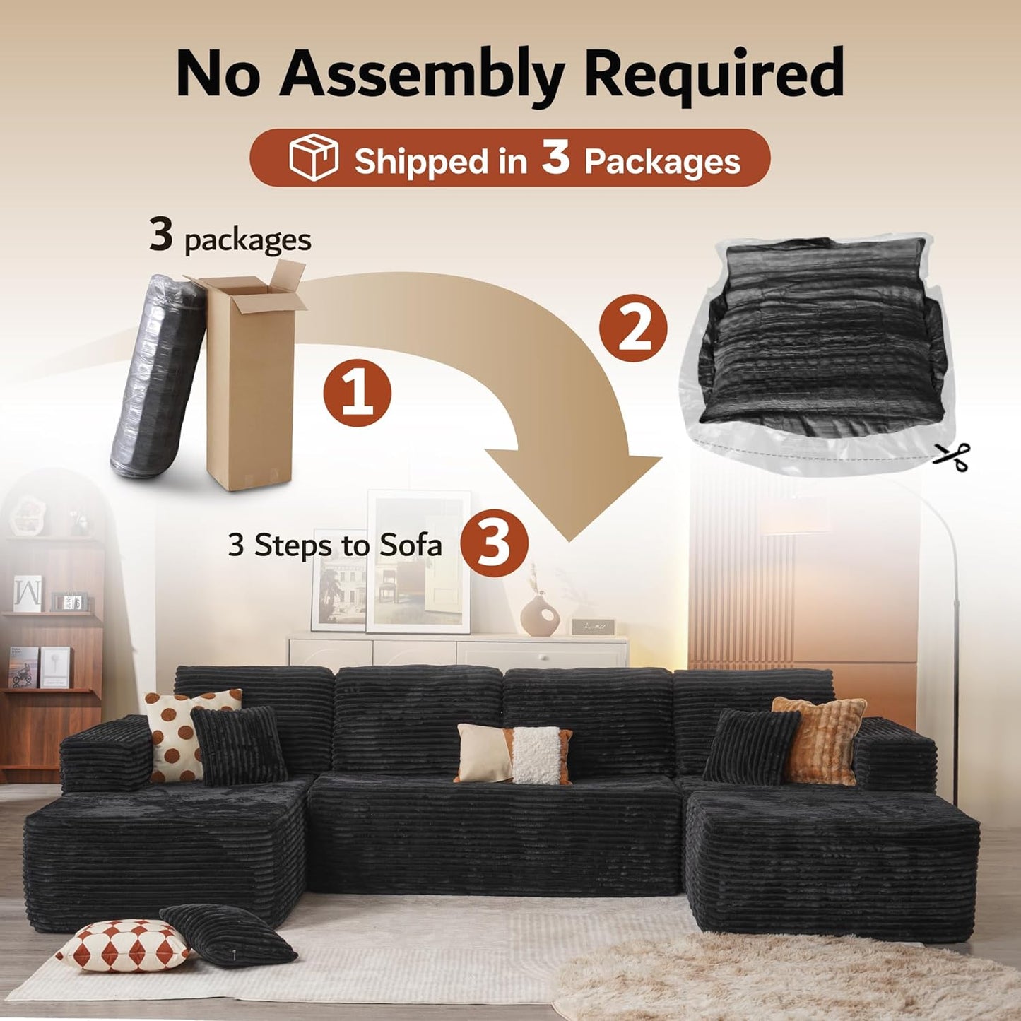 ovios Sectional Cloud Couch for Living Room, Modular Floor Sofa with Plush Corduroy, No Assembly Required, Big Comfy Couches Set with Fluffy Memory Foam, Stupendous U Shaped Sofas with Chaise, Beige