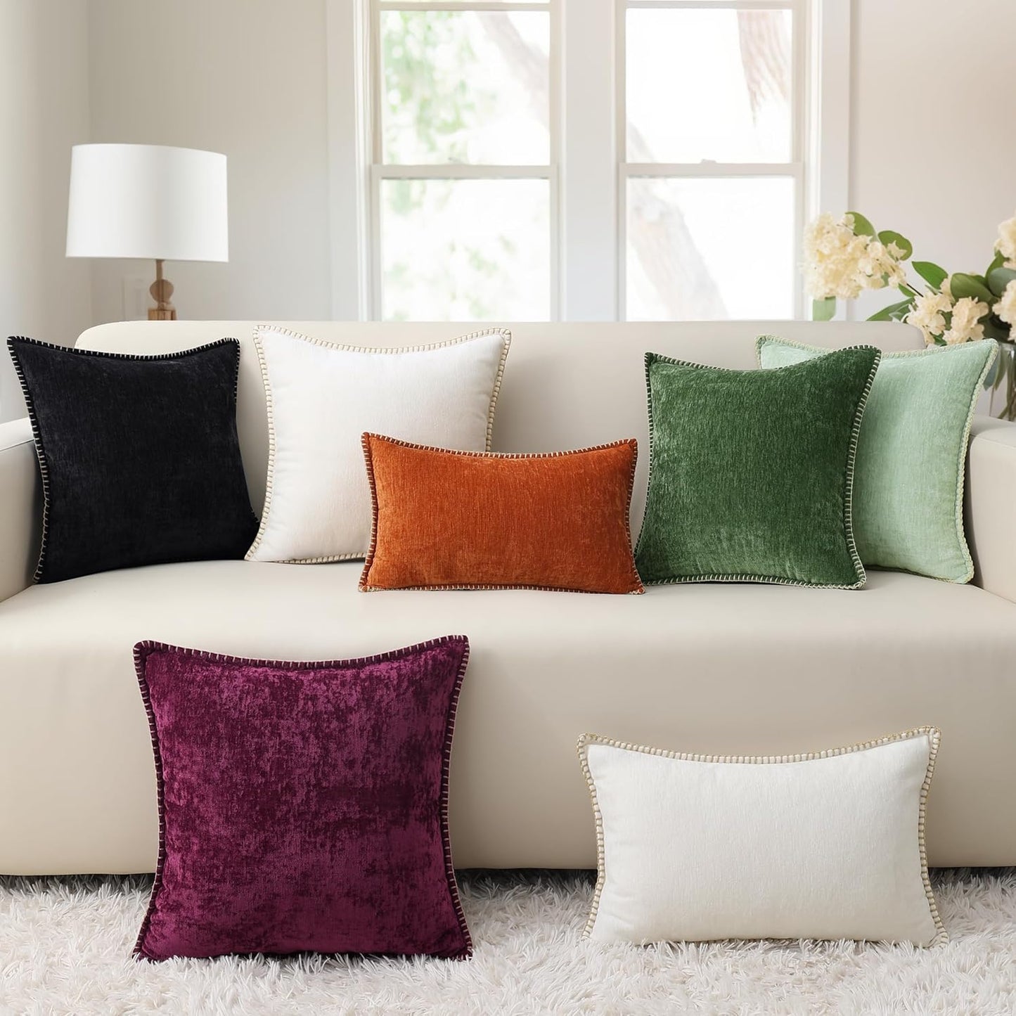 decorUhome Chenille Soft Throw Pillow Covers 12x20 Set of 2, Lumbar Velvet Farmhouse Neutral Decorative Euro Pillow Covers with Stitched Edge for Couch Sofa Bed Home Decor, Black