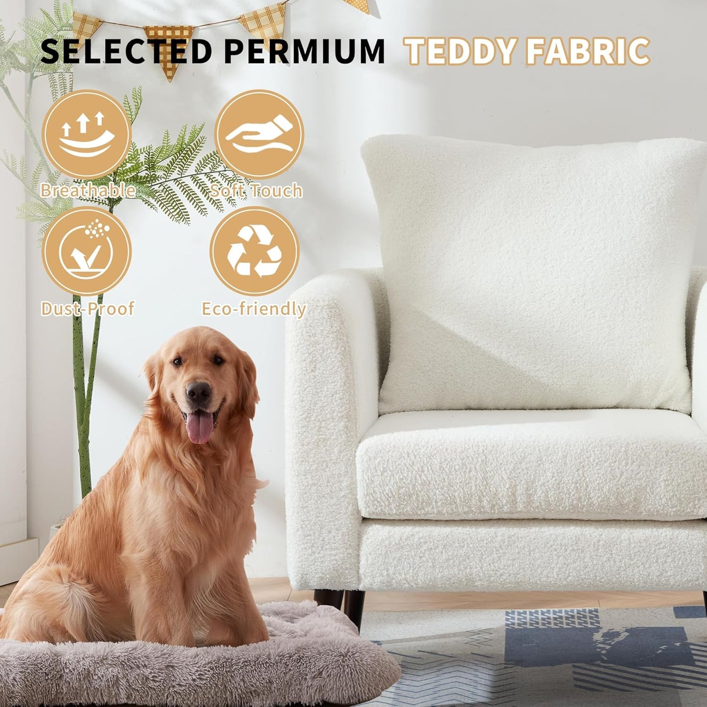 Barrel Accent Chair Set of 2 with Back Pillow, Large Teddy Upholstered Armchair with Solid Wood Legs Modern Reading Chairs for Living Room Bedroom