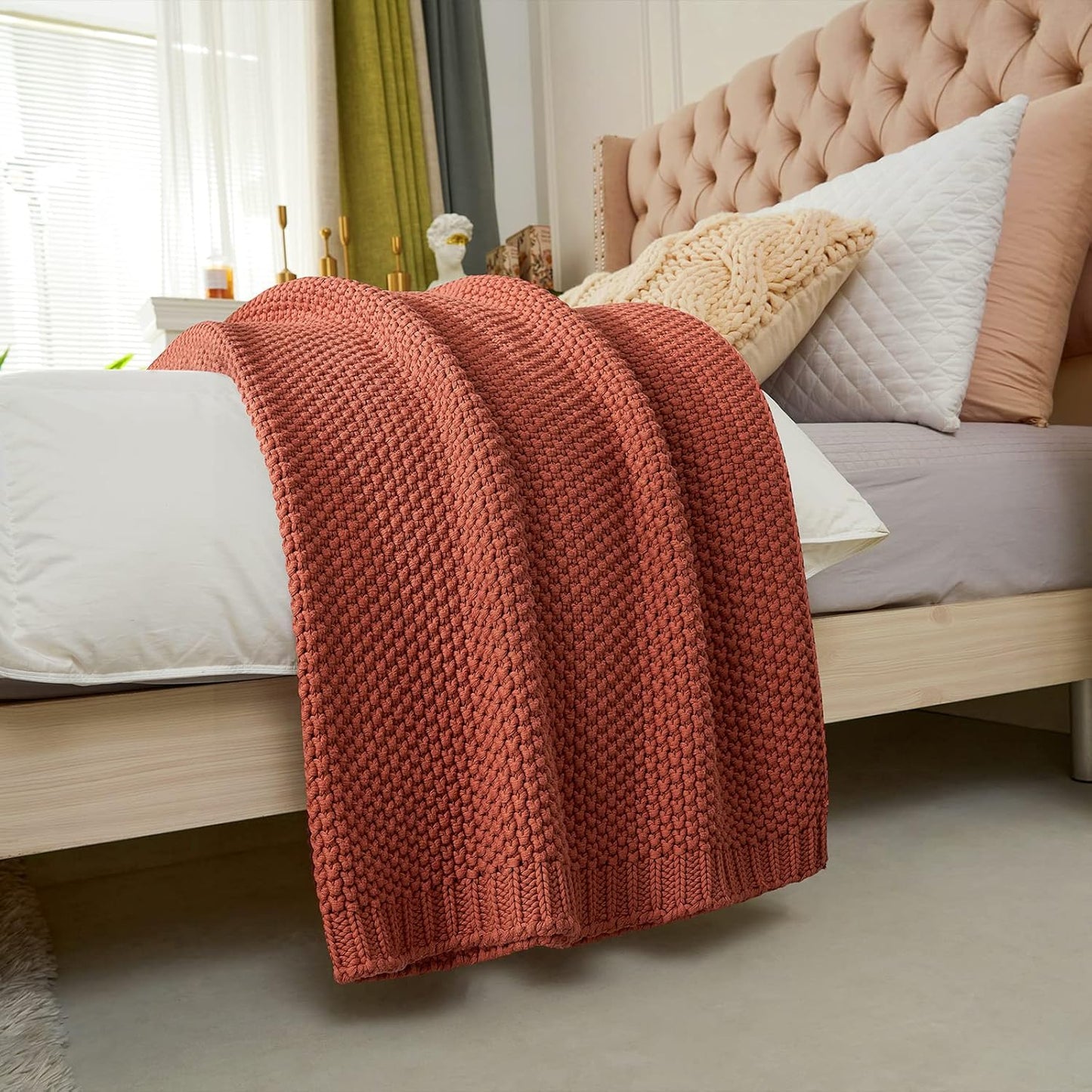 Longhui bedding Chunky Cable Knit Throw Blanket Lightweight Rust 100% Organic Cotton Blanket for Sofa Couch Bed Baby Nursery, Rustic Shabby Chic Modern Farmhouse, 51” x 63” Give Laundering Bag