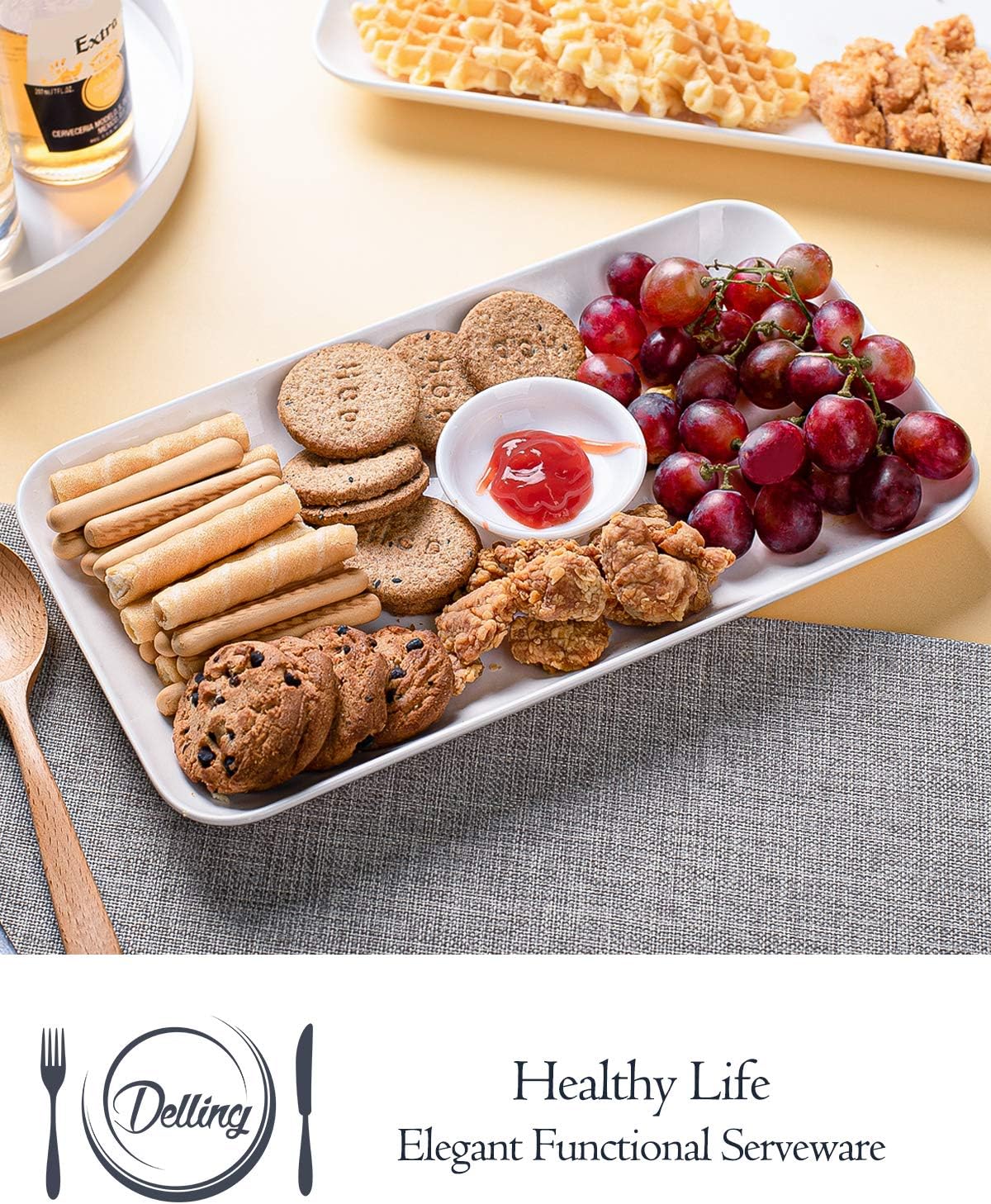 DELLING Large Serving Platter Set 12in White Rectangular Serving Plates/Salad Dish - Big Serving Trays for Parties Meat, Sushi, Dinner Plate Oven Safe Dinnerware Set of 3