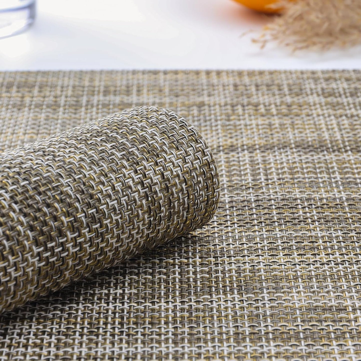 Myir JUN Placemats Set of 6, Vinyl Woven Placemats Place Mats Indoor Washable Table Mats Non-Slip Place mats for Dining Table (Caramel, Set of 6)