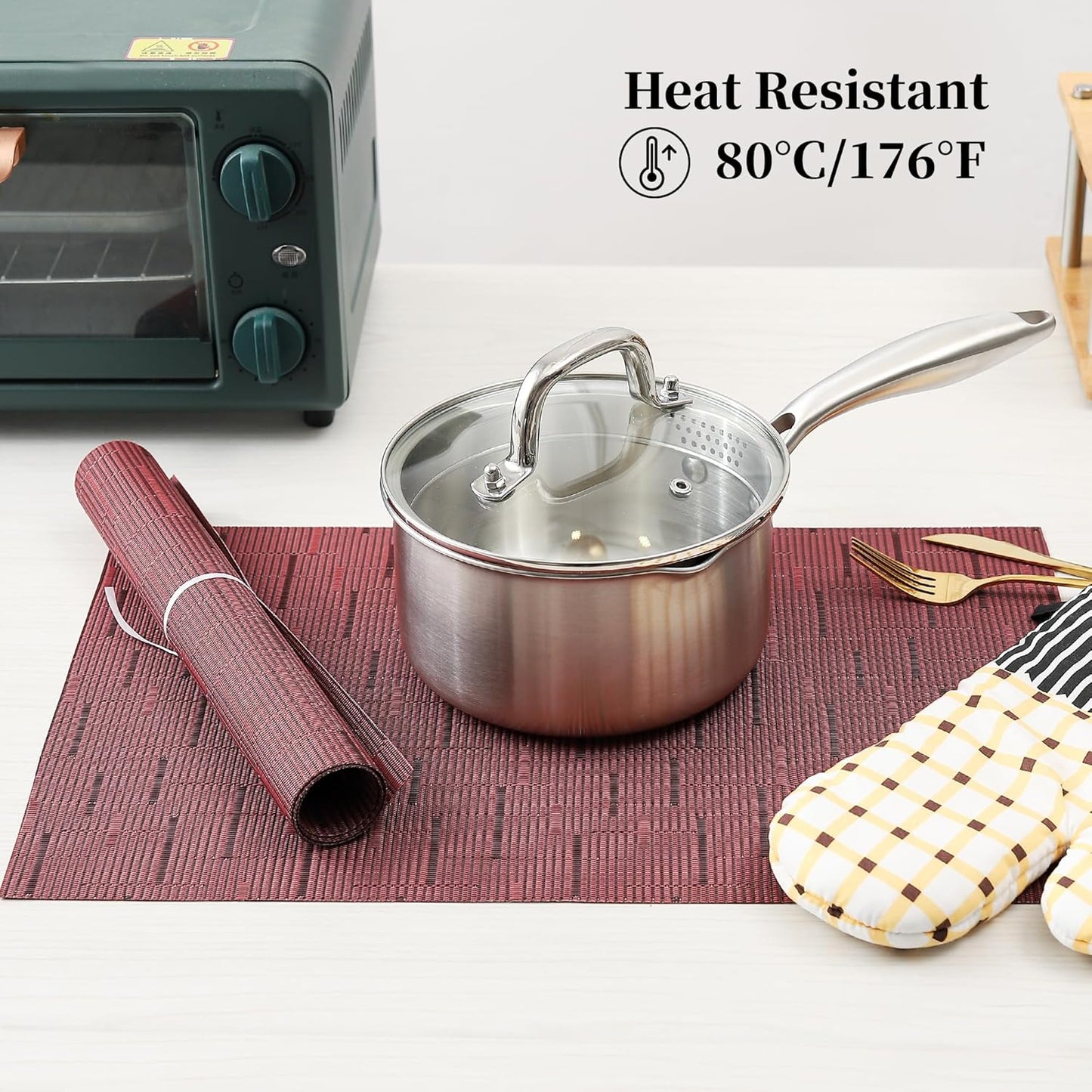 Leetaltree Burgundy Placemats Set of 12 - Heat Resistant Non-Slip Place mats for Dining Table, Washable Durable PVC Vinyl Woven Table Mats(Burgundy, 12)